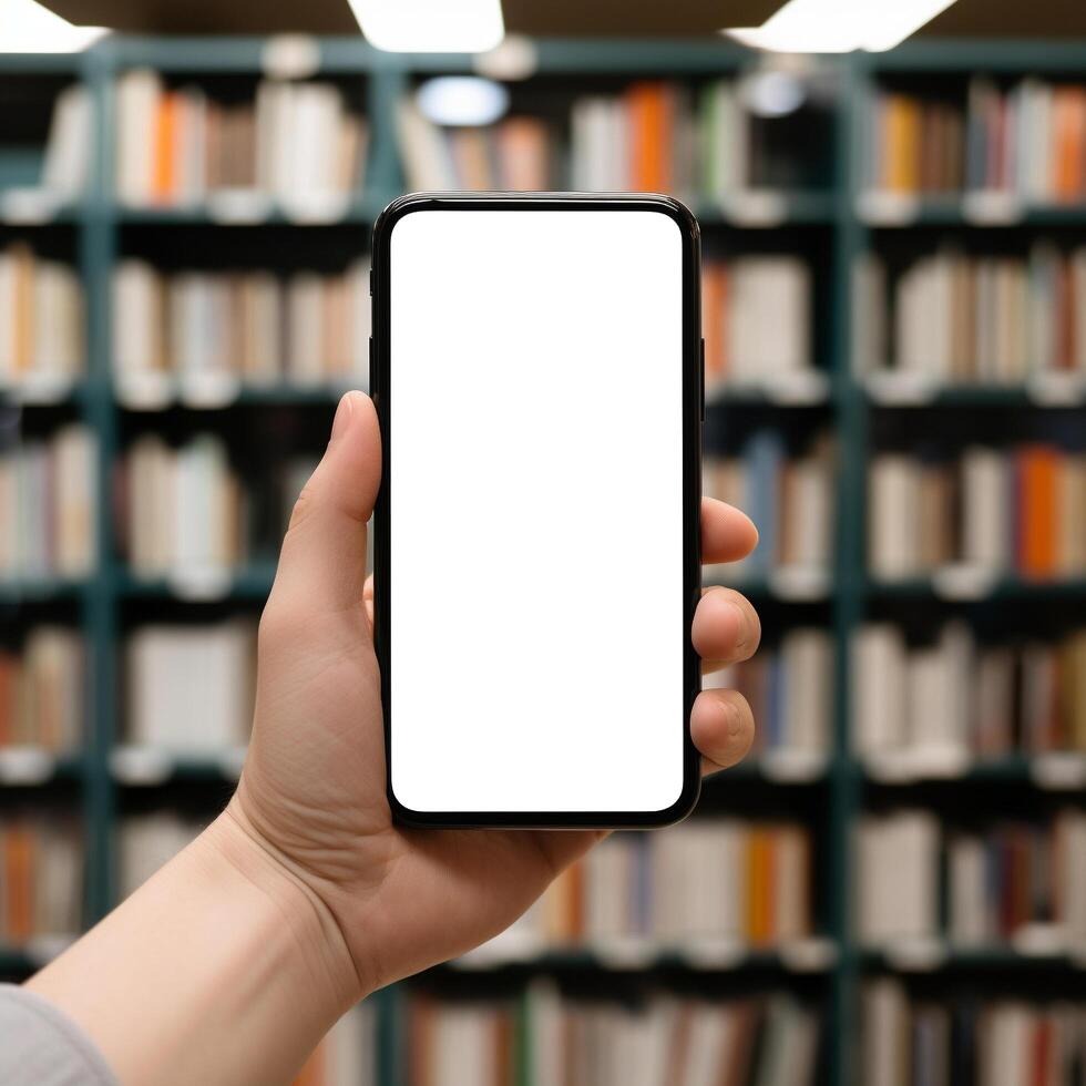 ai gegenereerd blanco mockup telefoon gehouden in een hand- met een stack van boeken foto