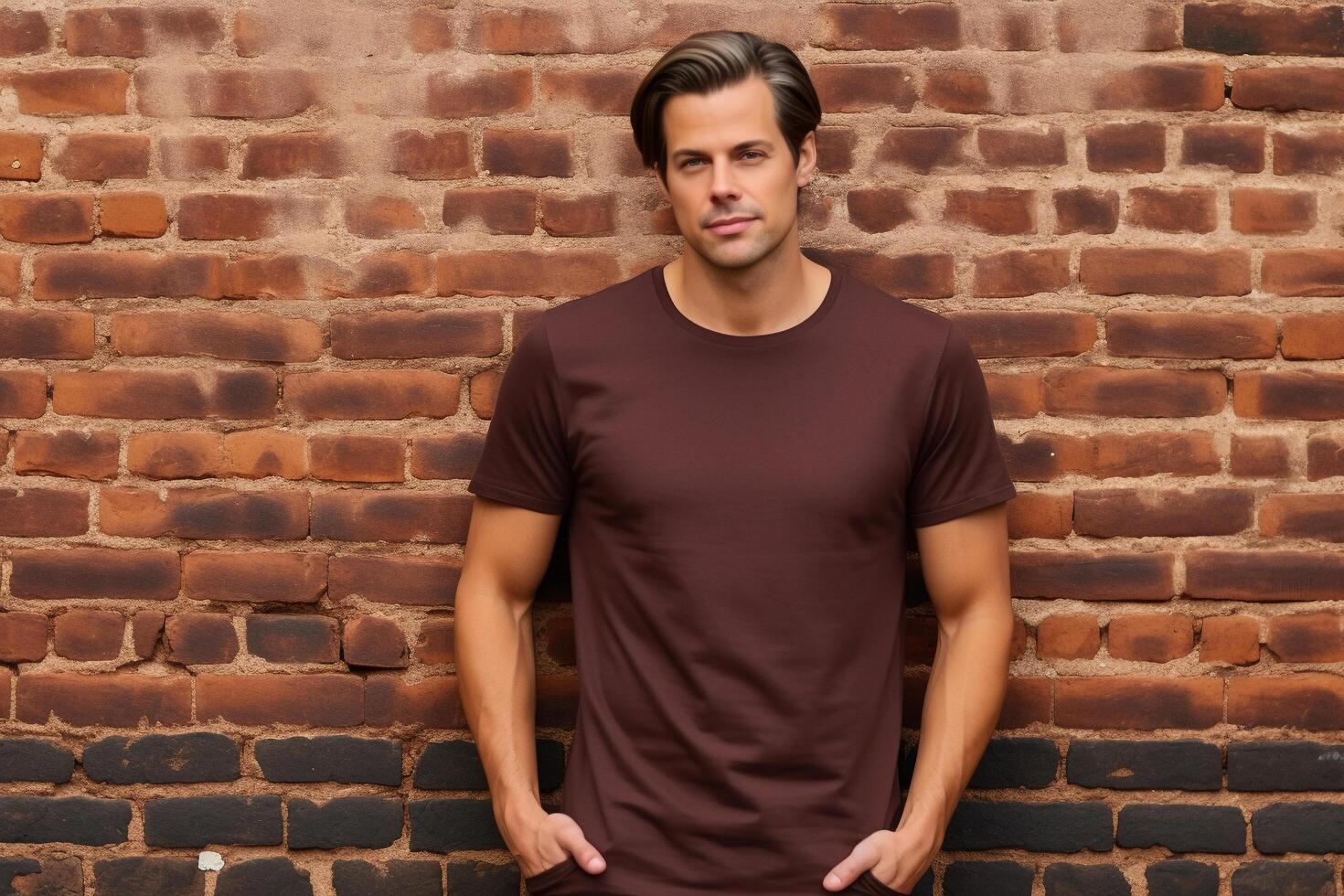 ai gegenereerd bruin klassiek ronde hals t-shirt mockup met model- foto