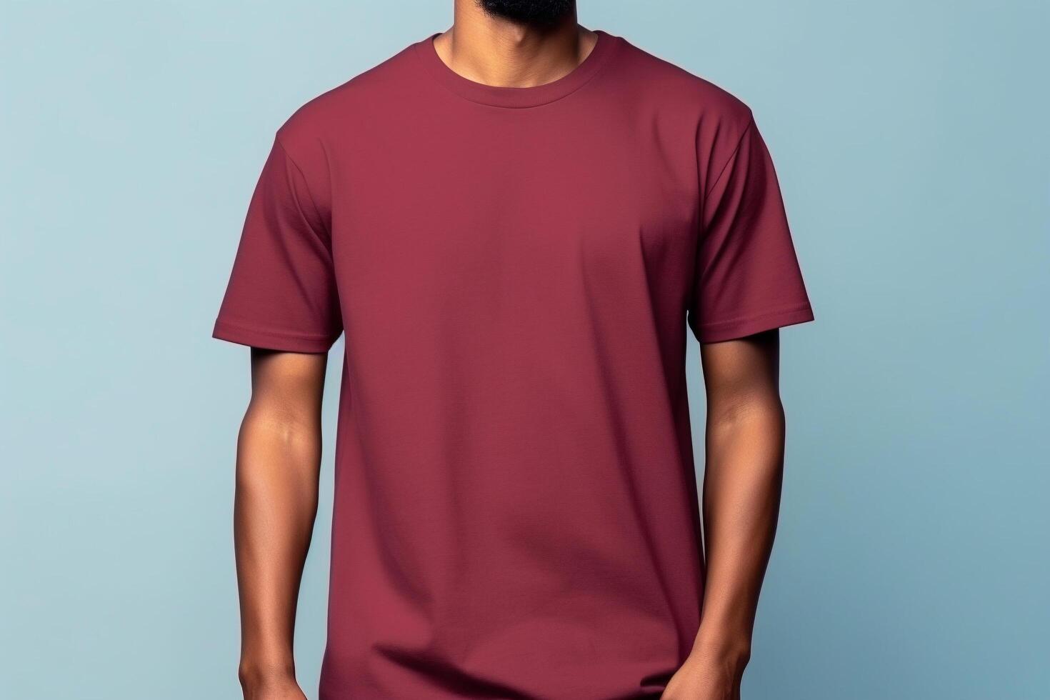 ai gegenereerd bordeaux rood klassiek ronde hals t-shirt mockup met model- foto