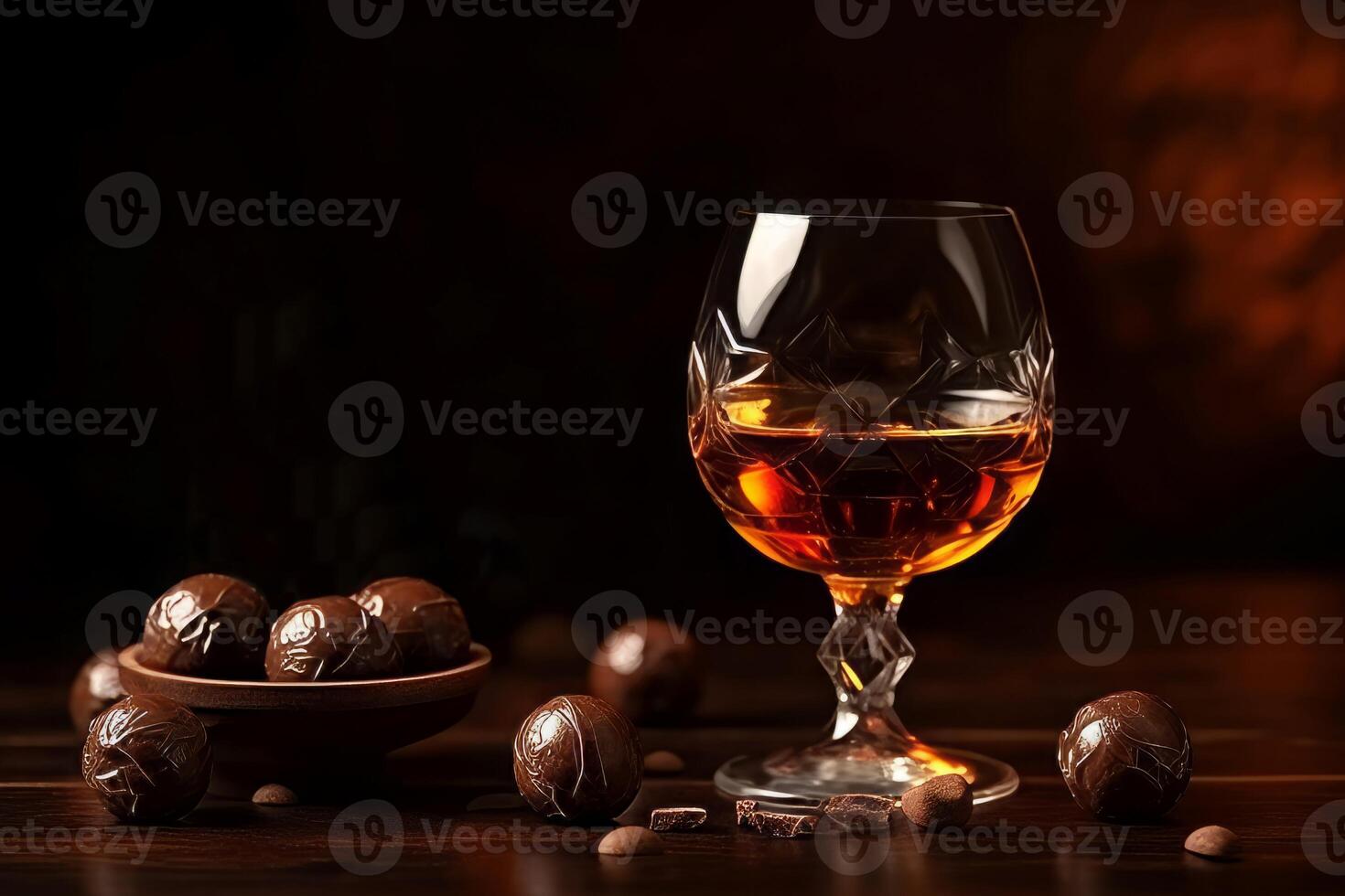 ai gegenereerd ronde chocola snoepjes met cognac glas. genereren ai foto