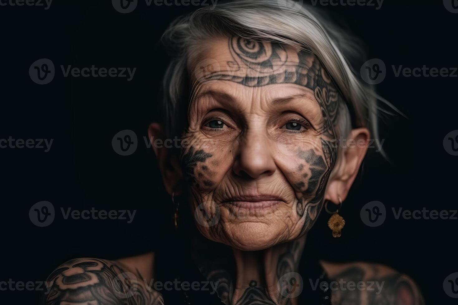 ai gegenereerd ouderen vrouw met tatoeages. genereren ai foto