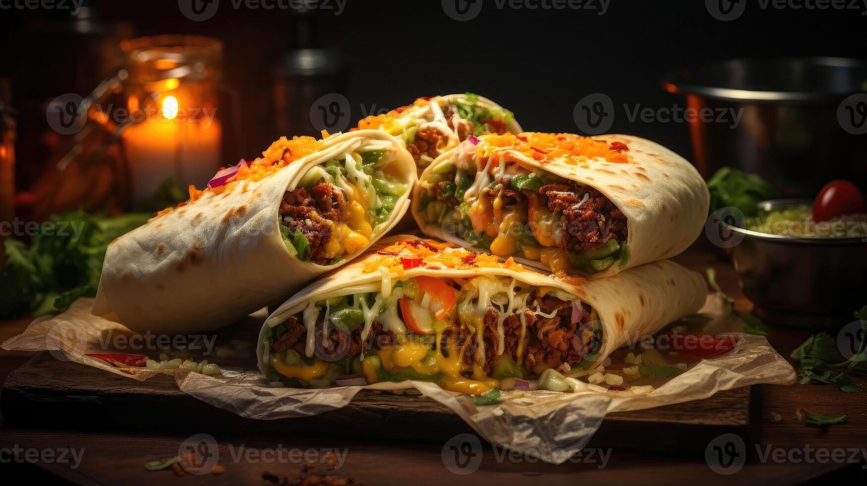 ai gegenereerd vol van burrito's met groenten en vlees Aan een houten tafel met wazig achtergrond, ai gegenereerd foto