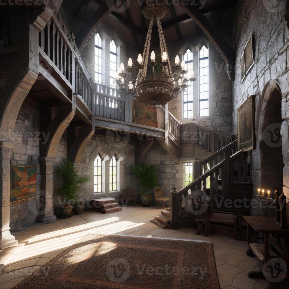 ai gegenereerd ultra realistisch modern kasteel interieur. een groot kamer met een kroonluchter hangende van de plafond foto