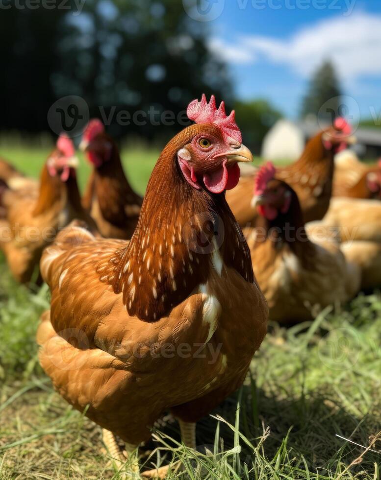 ai gegenereerd de weiland is vol van veel kippen. een groep van kippen staand Aan top van een gras gedekt veld- foto