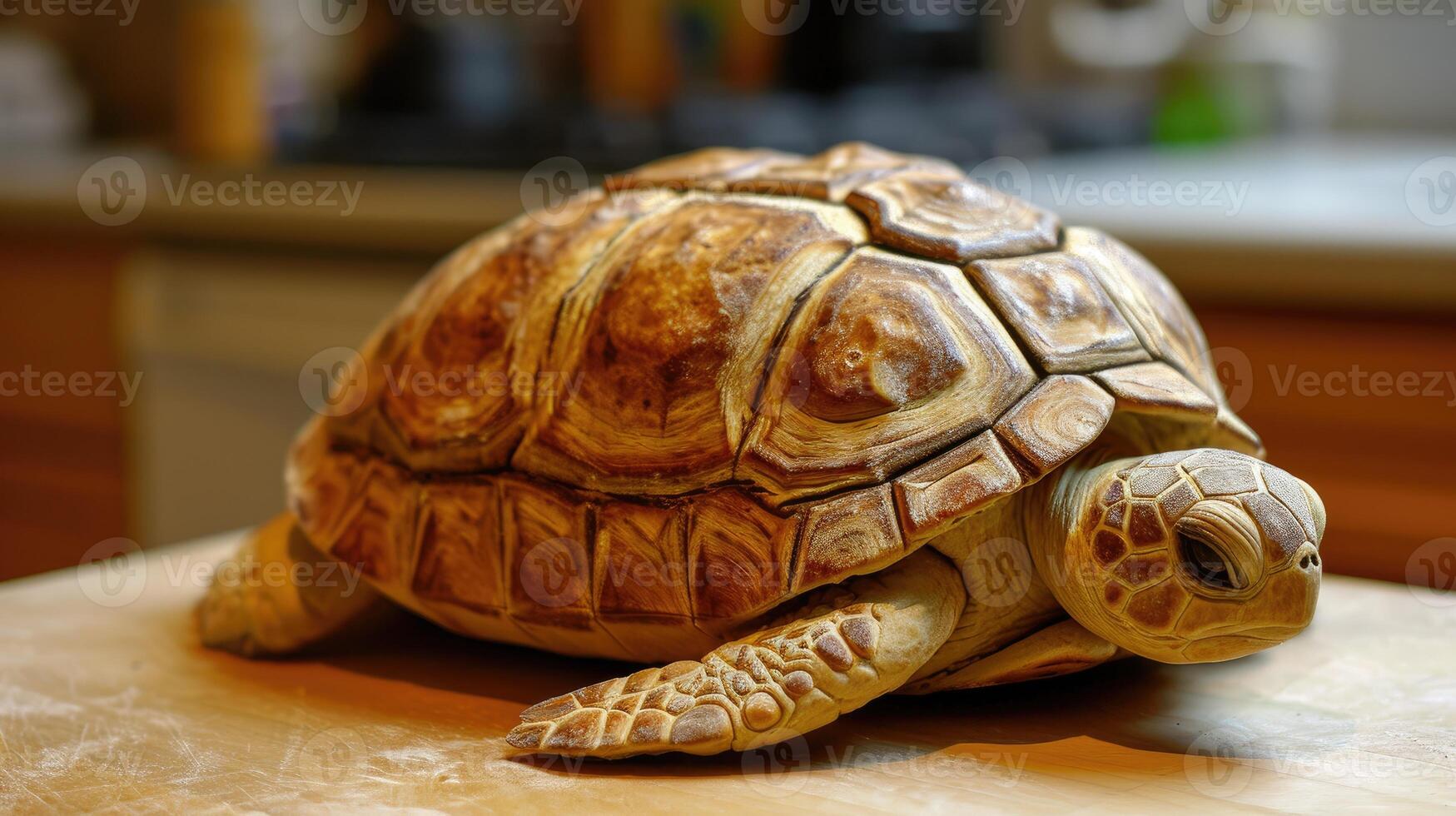 ai gegenereerd uniek brood brood lijkt op een schildpad resting Aan een houten tafel, ai gegenereerd foto