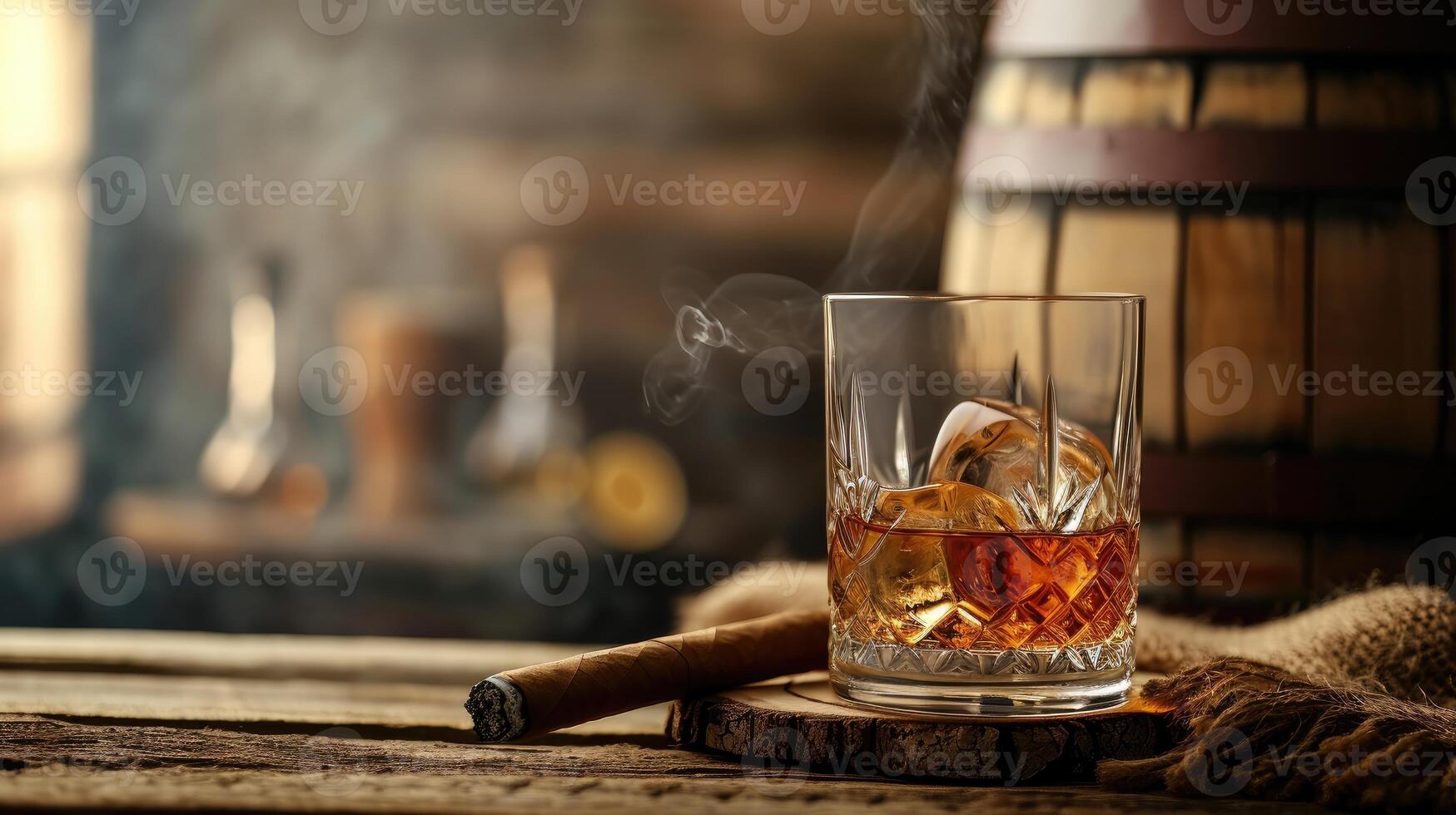 ai gegenereerd een glas van whisky zit Aan een houten loop, De volgende naar een paar- van sigaren, ai gegenereerd foto