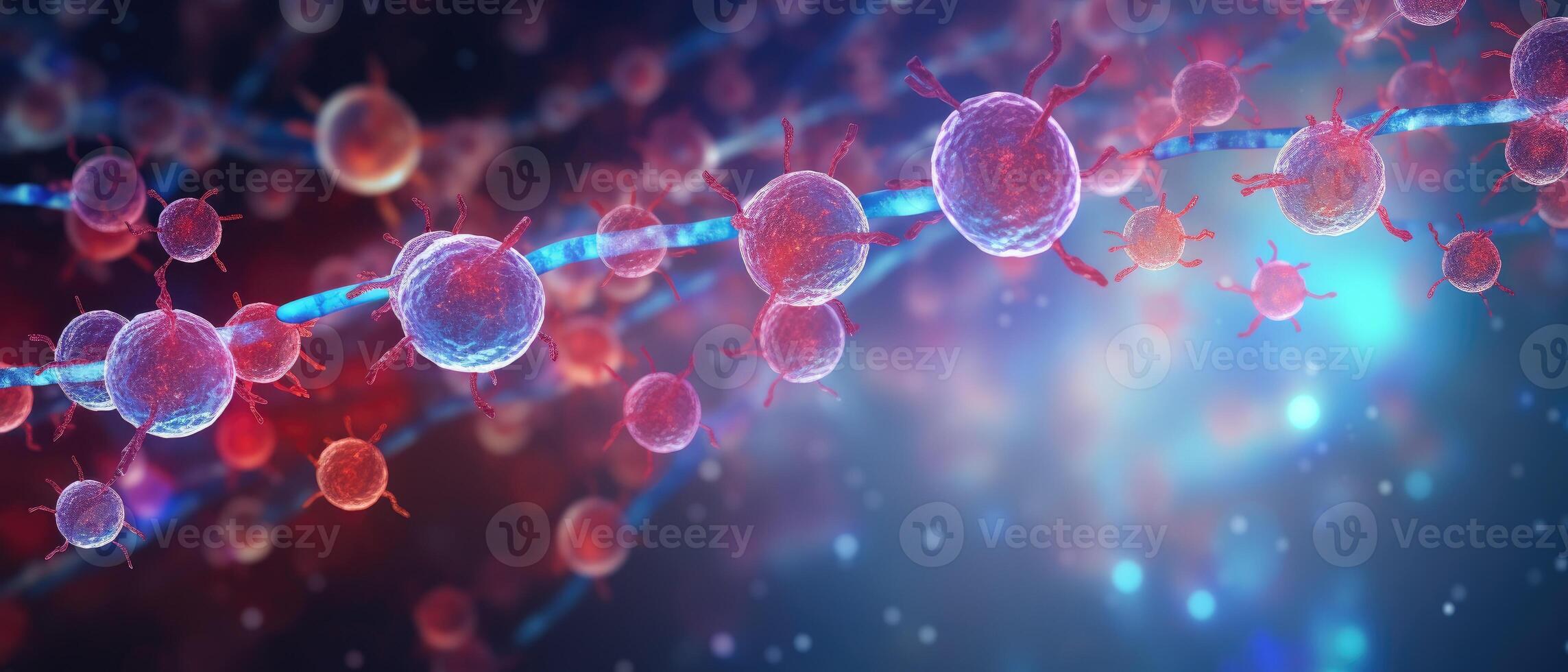 ai gegenereerd een op het randje medisch farmaceutisch Onderzoek achtergrond beeltenis bloed cellen en een virus genezen gebruik maken van dna genoom, ai gegenereerd. foto