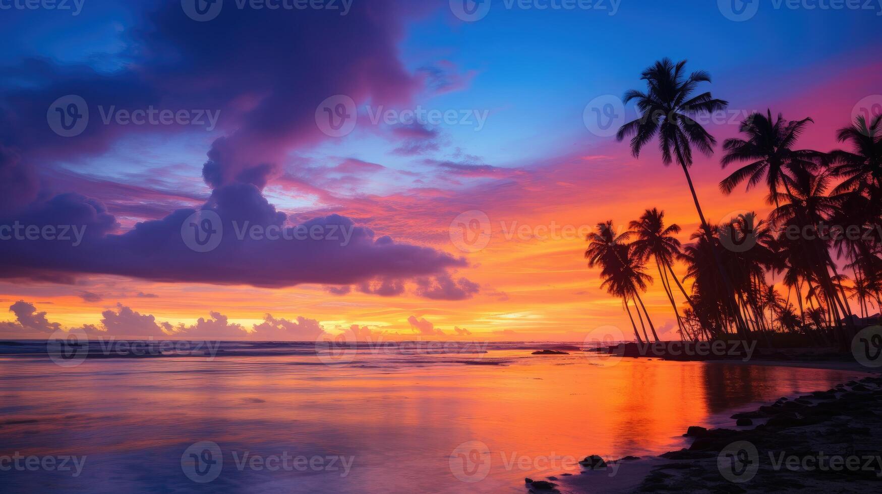 ai gegenereerd heerlijk, levendig zonsondergang Bij een tropisch zee strand, geschetst door kokosnoot boom silhouetten, ai gegenereerd. foto