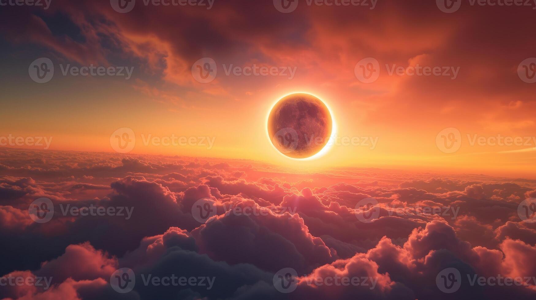 ai gegenereerd getuige een zonne- verduistering opkomend in de lucht bovenstaand een deken van wolken, ai gegenereerd foto