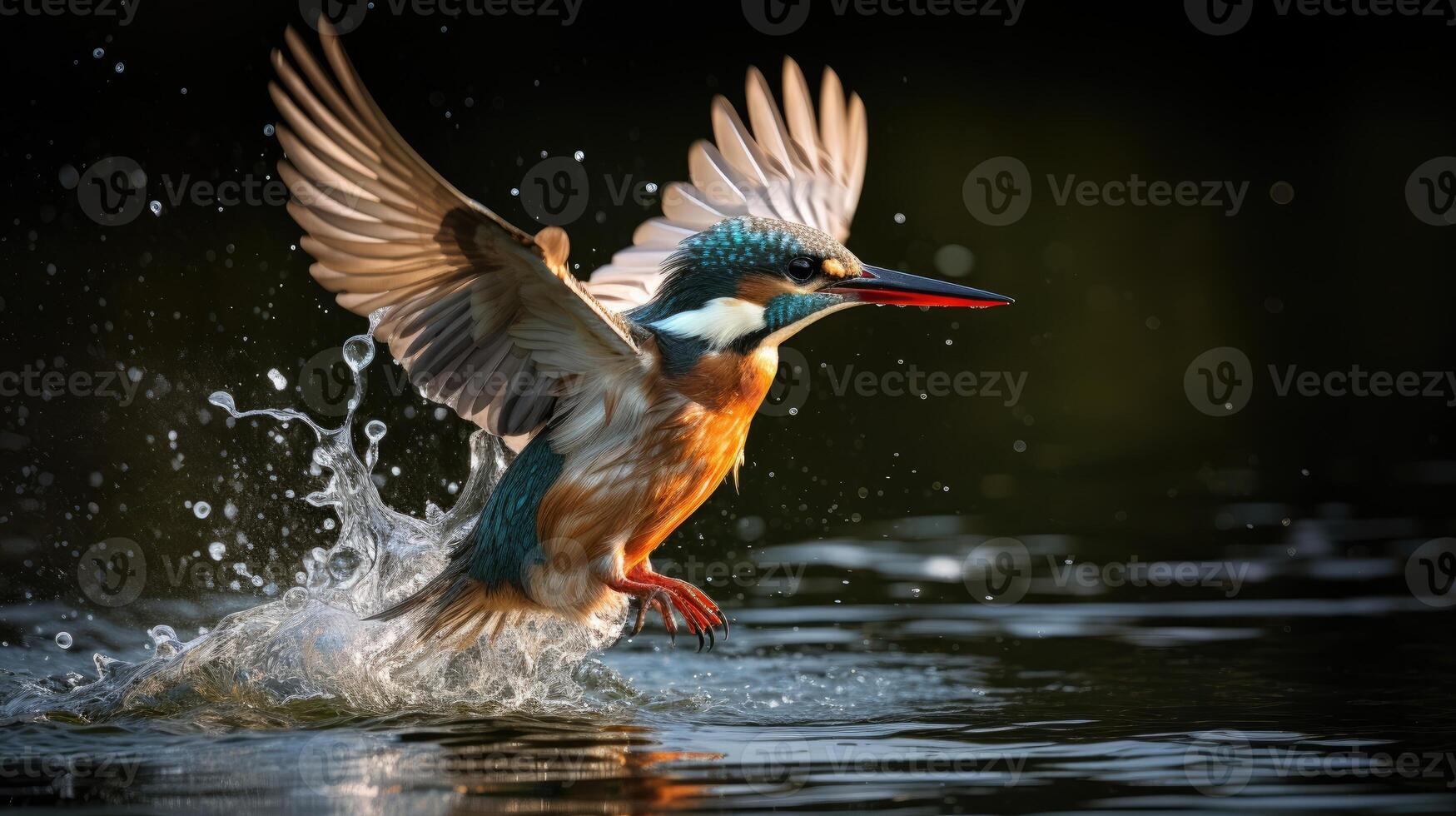 ai gegenereerd een ijsvogel vogel is vliegend over- een lichaam van water, ai gegenereerd foto