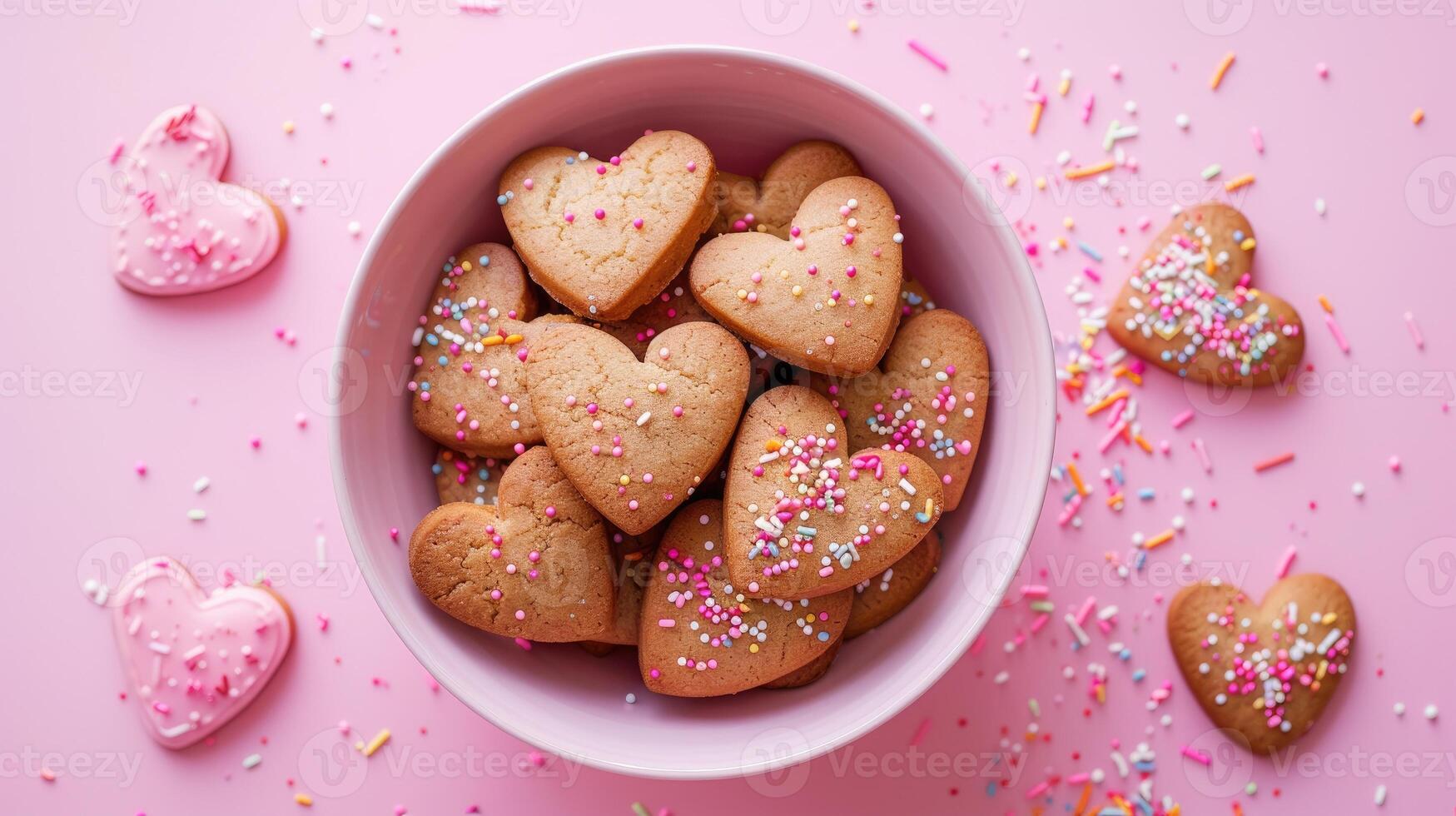 ai gegenereerd hartvormig koekjes met hagelslag in een schaal, reeks tegen een roze achtergrond, ai gegenereerd foto