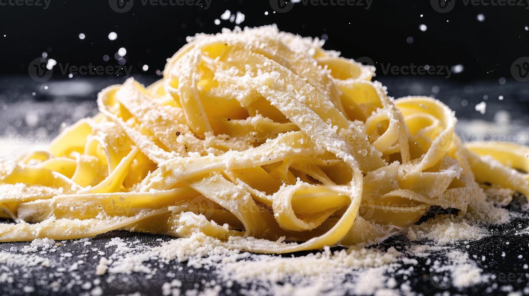 ai gegenereerd genieten in romig fettuccine Alfredo, versierd met parmezaan, een opvallend contrast tegen zwart, ai gegenereerd. foto