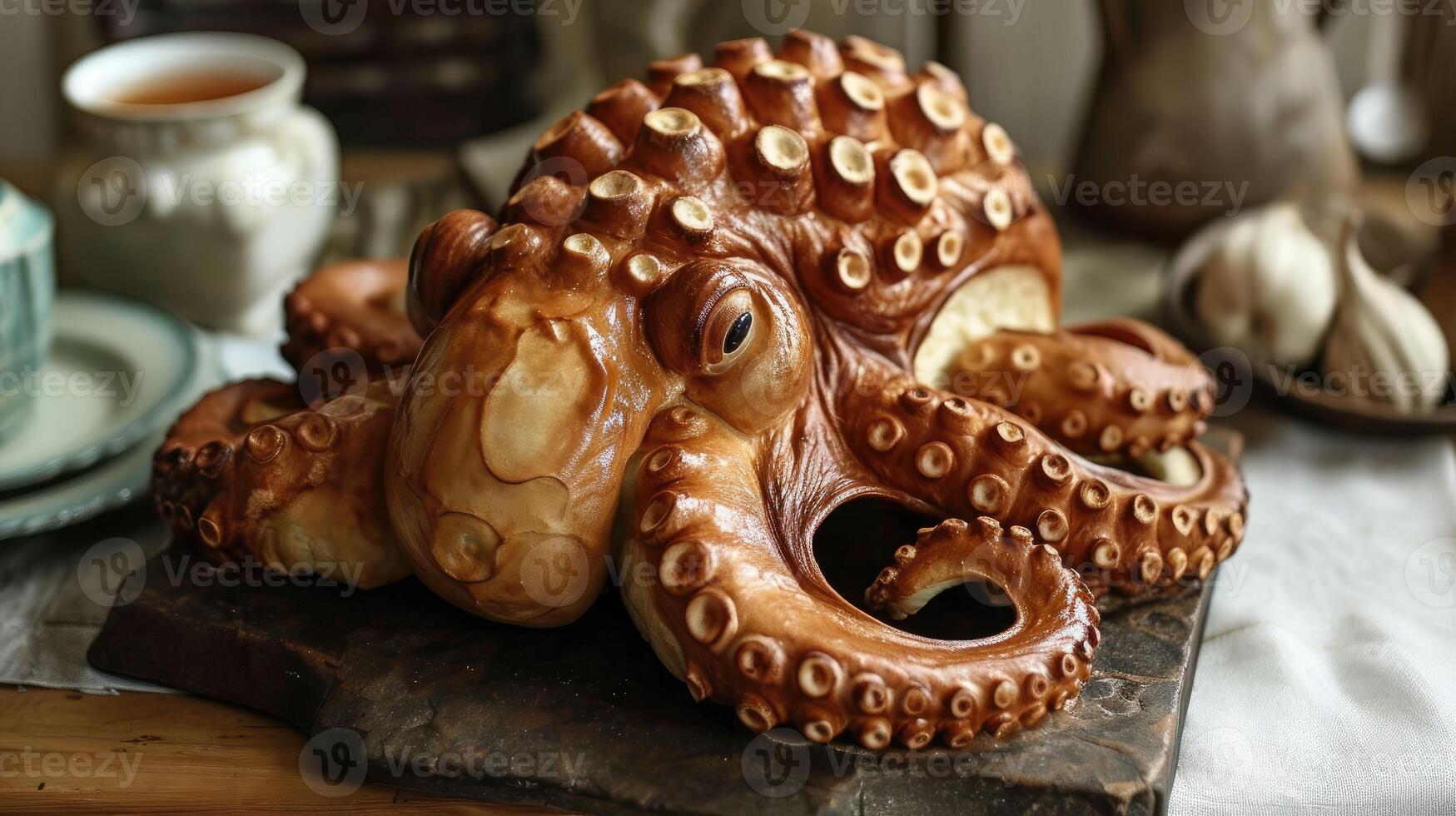 ai gegenereerd uniek brood brood lijkt op een Octopus resting Aan een houten tafel, ai gegenereerd foto