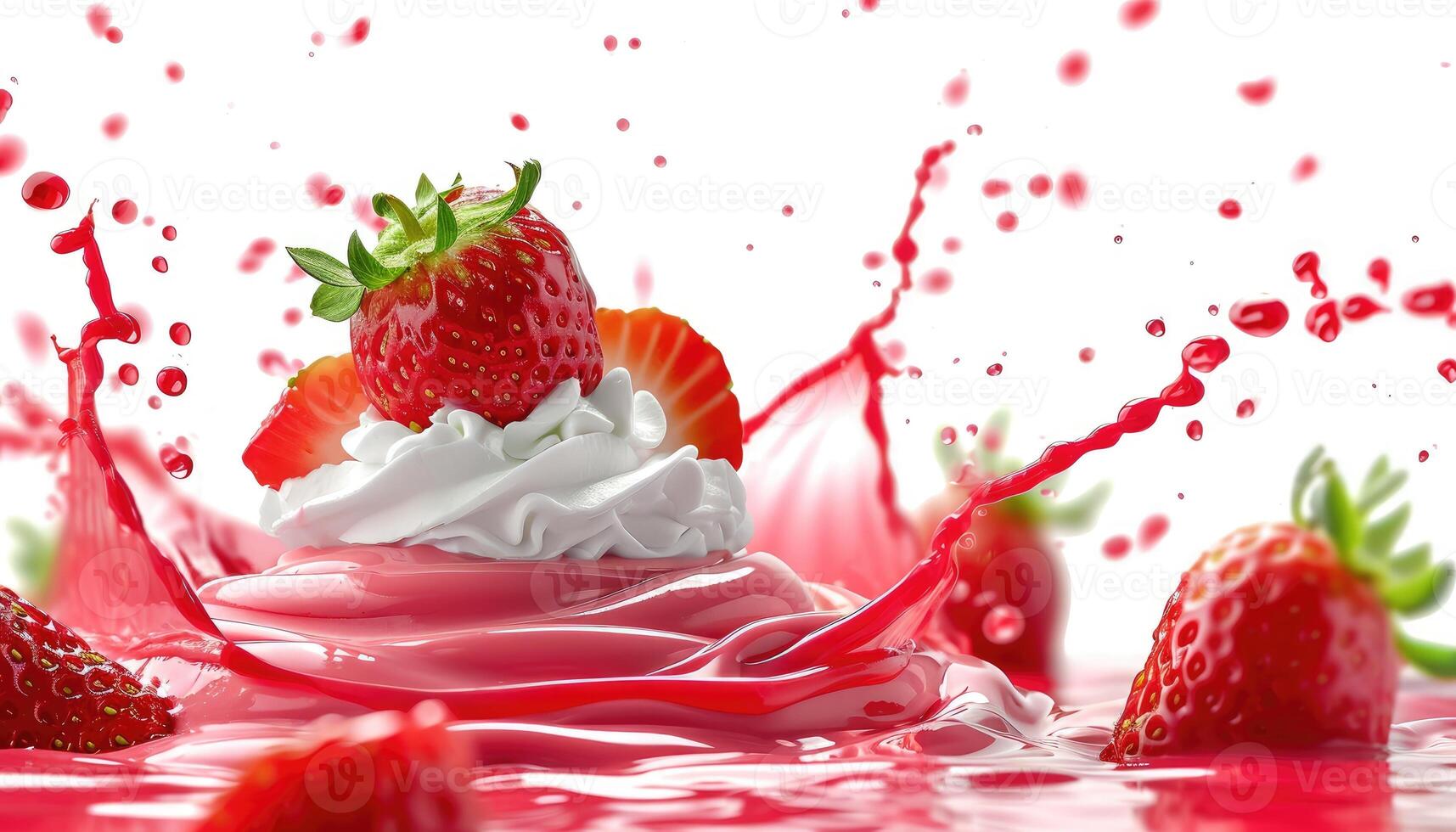 ai gegenereerd geïsoleerd achtergrond met drijvend yoghurt kolken versierd met levendig aardbeien. ai gegenereerd foto