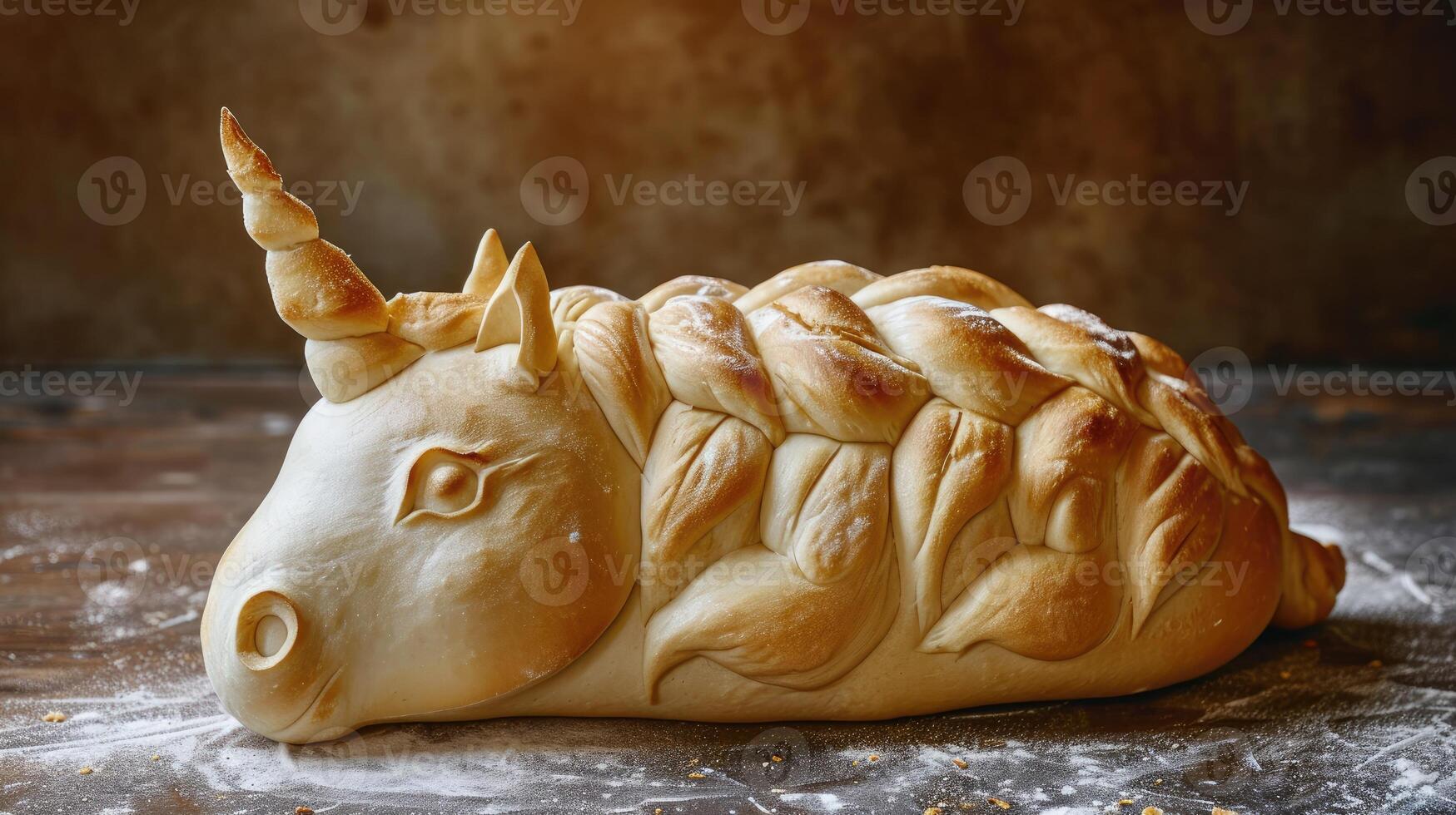 ai gegenereerd uniek brood brood lijkt op een eenhoorn resting Aan een houten tafel, ai gegenereerd foto