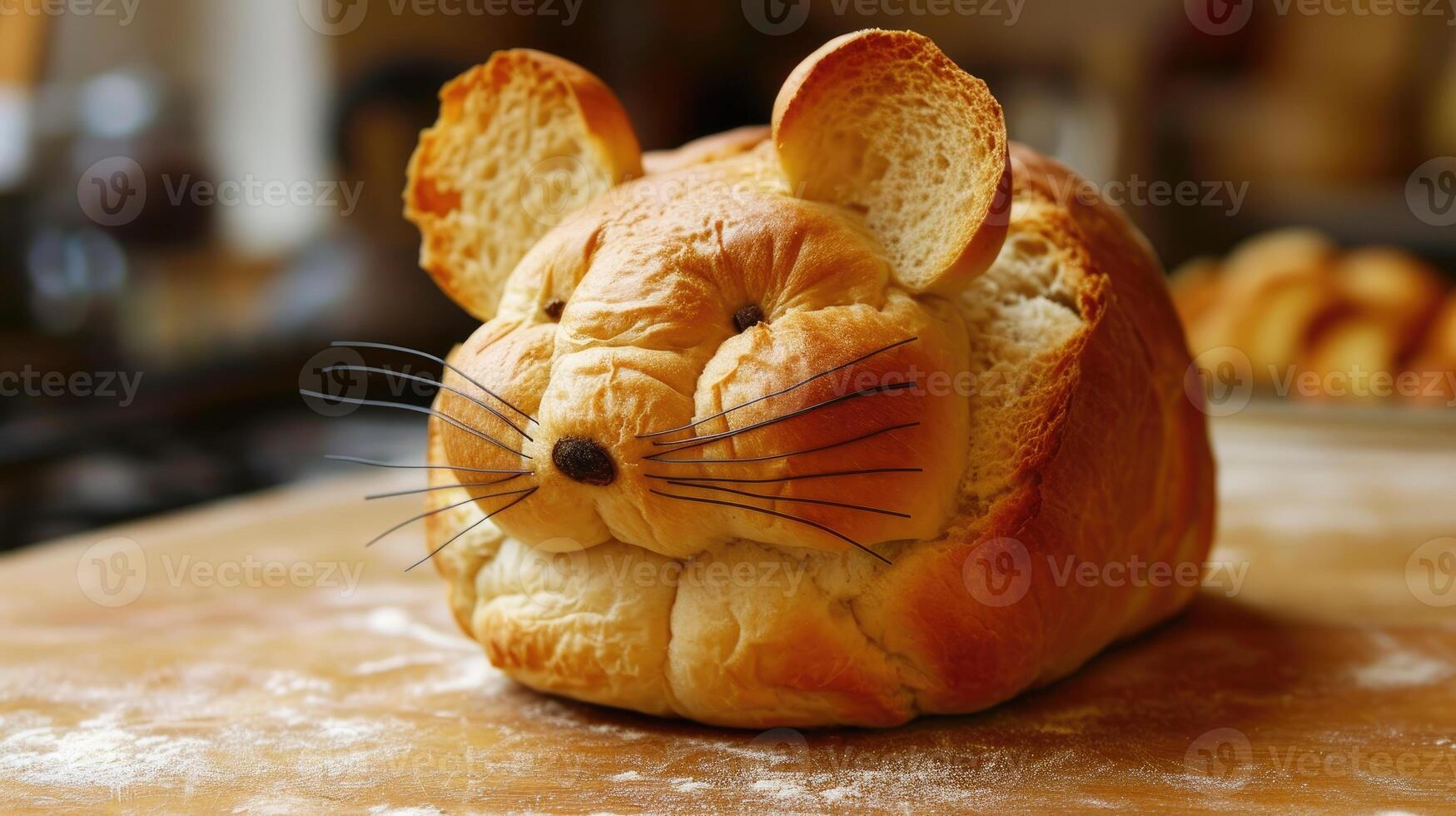 ai gegenereerd uniek brood brood lijkt op een muis resting Aan een houten tafel, ai gegenereerd foto