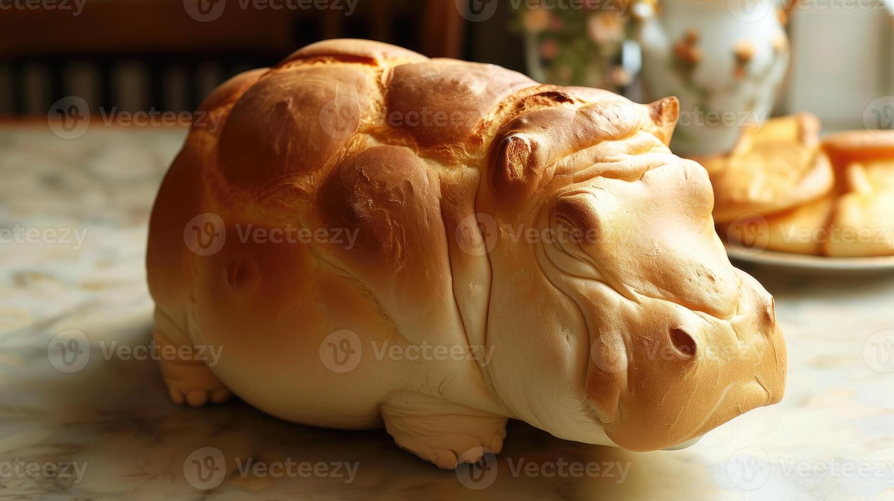 ai gegenereerd uniek brood brood lijkt op een nijlpaard resting Aan een houten tafel, ai gegenereerd foto