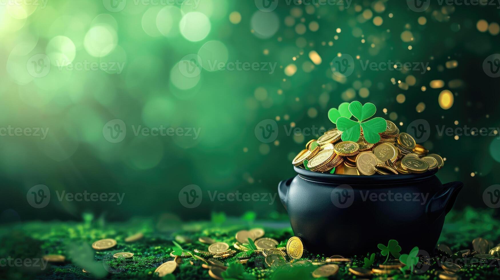 ai gegenereerd st. Patrick dag thema met zwart pot, goud munten, en klavers, ai gegenereerd foto