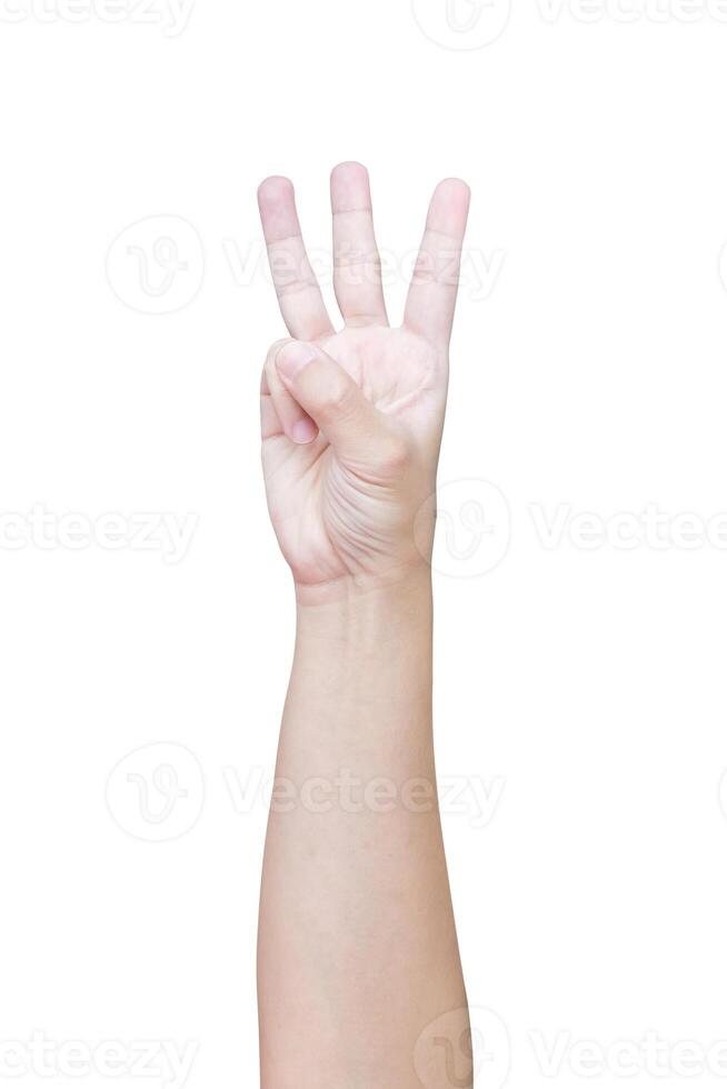 Mens hand- gebaar tonen aantal drie teken geïsoleerd Aan wit achtergrond foto
