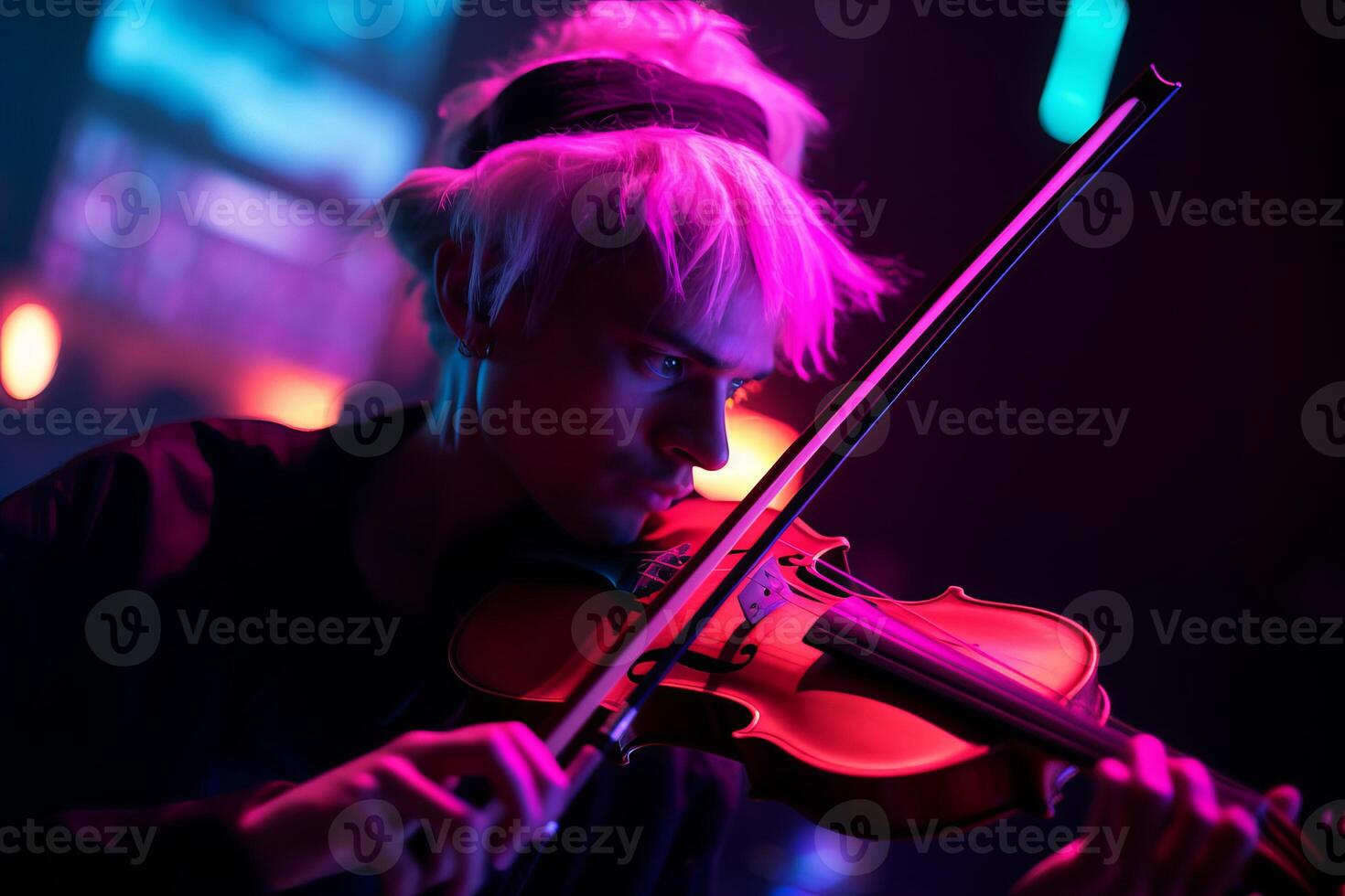 ai gegenereerd musicus Mens spelen viool Aan neon lichten. genereren ai foto