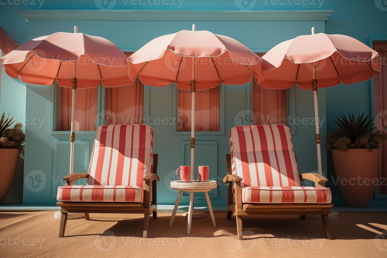 ai gegenereerd strand dek stoelen en paraplu reeks Aan licht achtergrond foto