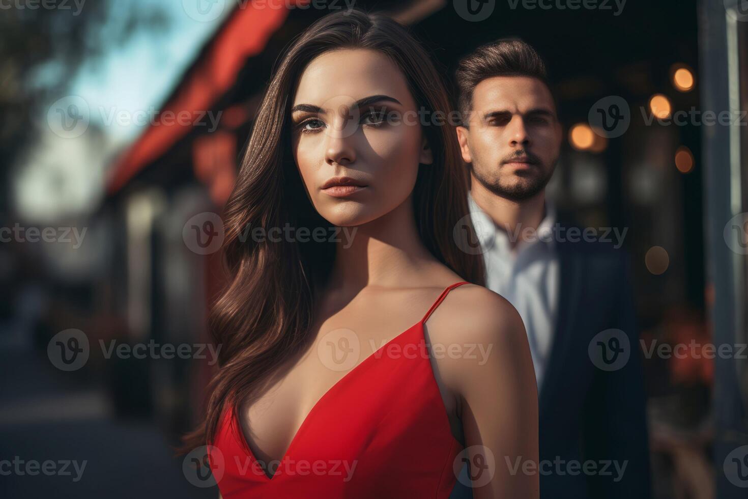 ai gegenereerd knap Mens met brunette vrouw in rood jurk. genereren ai foto