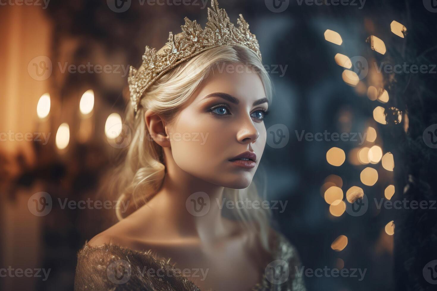 ai gegenereerd prinses in gouden jurk Aan achtergrond van brandend kaarsen. genereren ai foto