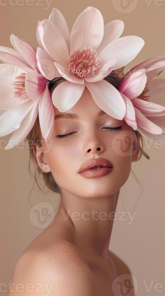 ai gegenereerd stralend en zelfverzekerd, de jong vrouw vitrines haar vlekkeloos huid, geaccentueerd door een sierlijk geplaatst magnolia kroon, belichamen de essence van schoonheid, zelfzorg foto