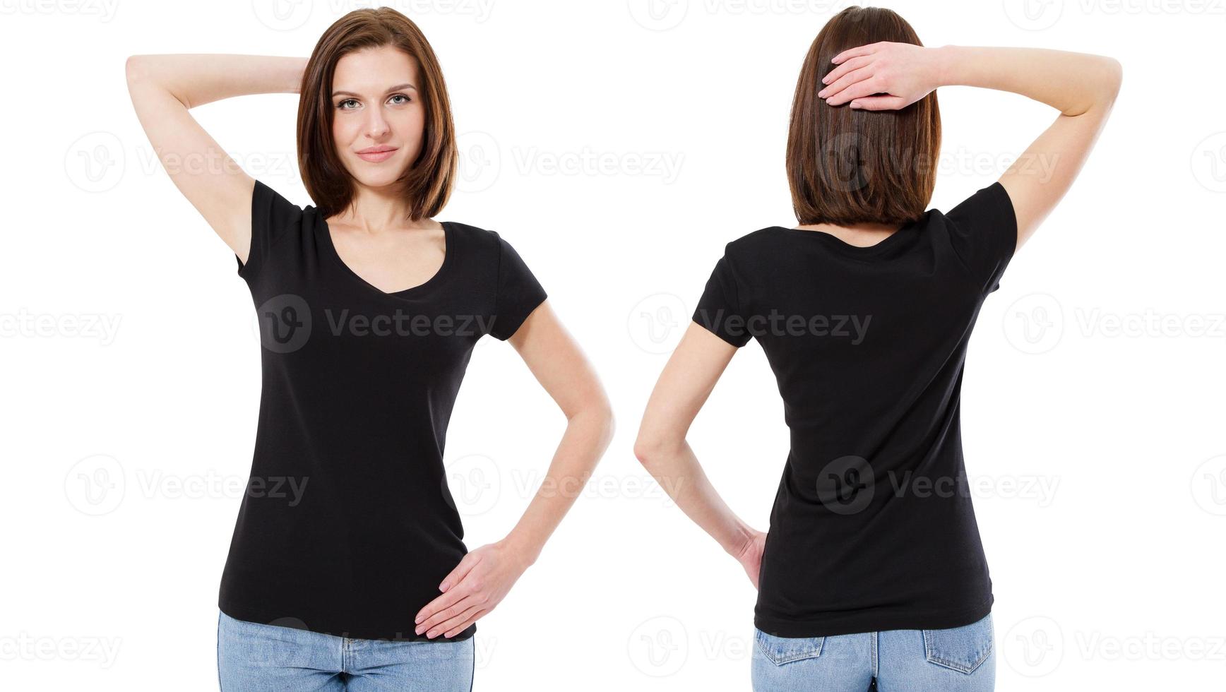 brunette meisje in zwarte t-shirt geïsoleerd voor en achter, mock-up kopie ruimte foto