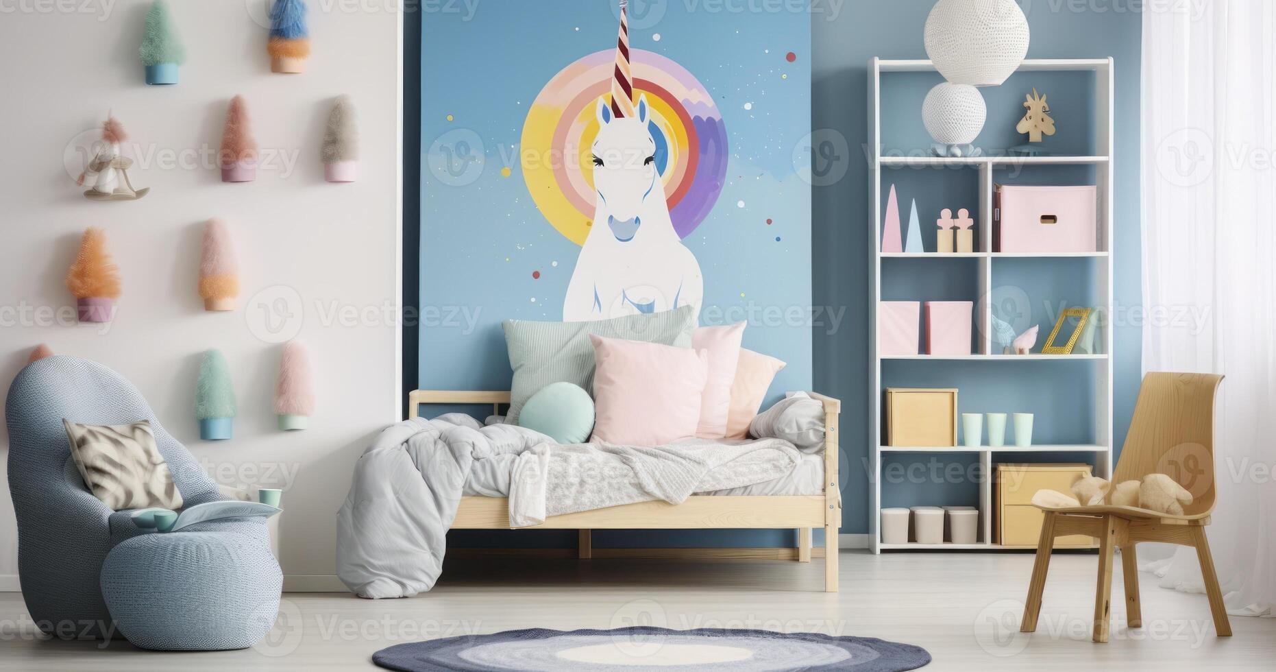 ai gegenereerd een kleurrijk kind kamer met een eenhoorn thema, knus bed met konijn kussen, en een vrolijk blauw fauteuil foto