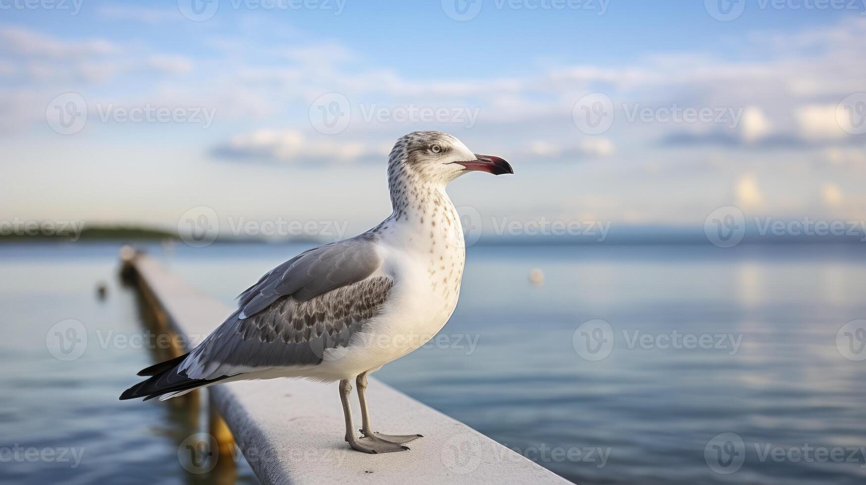 ai gegenereerd de rustig tafereel van een zeemeeuw met uitzicht de oceaan net zo de zon dalen hieronder de horizon foto