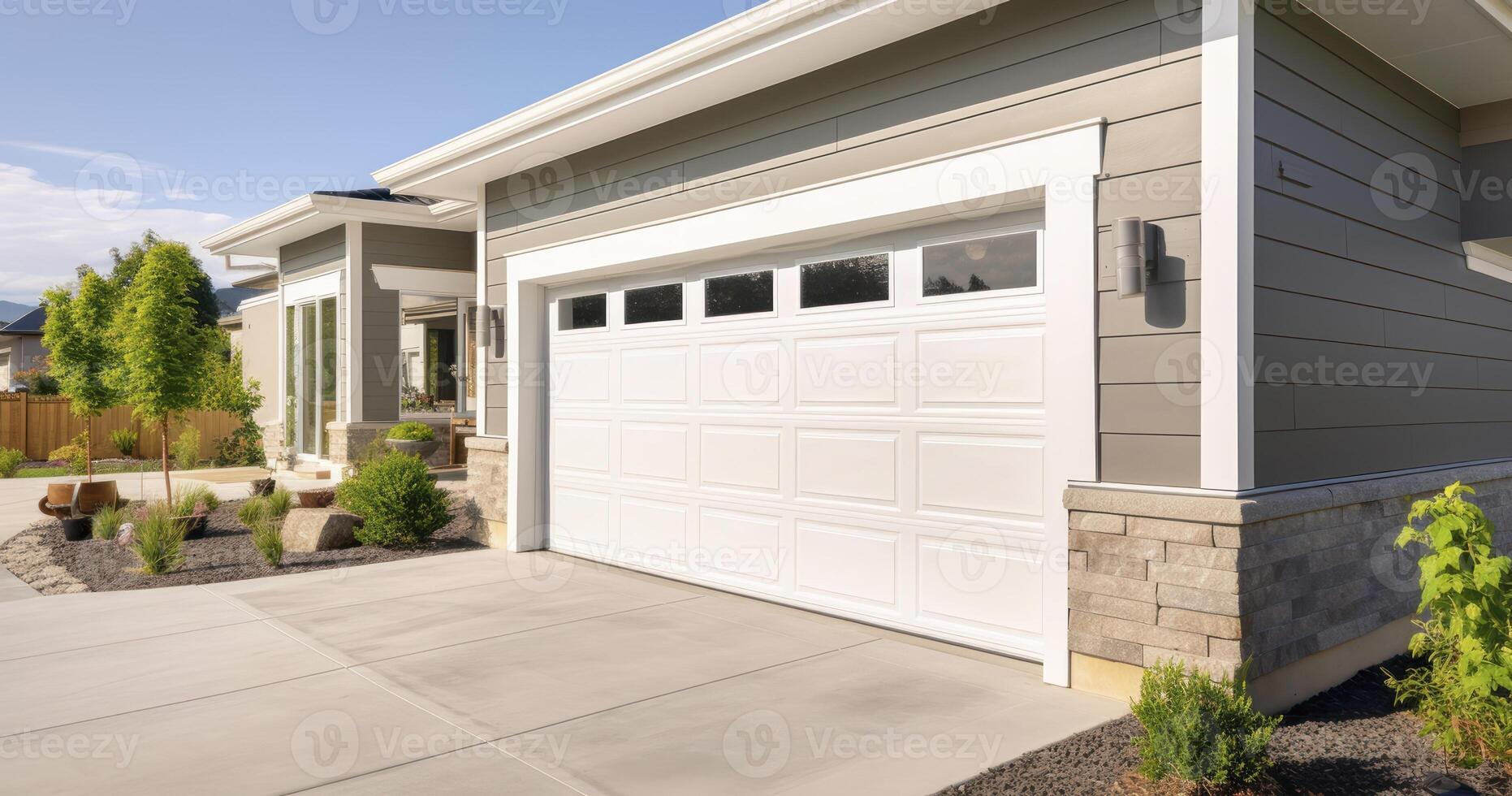 ai gegenereerd de garage en oprit van een modern residentie onder een Doorzichtig, zonnig lucht foto