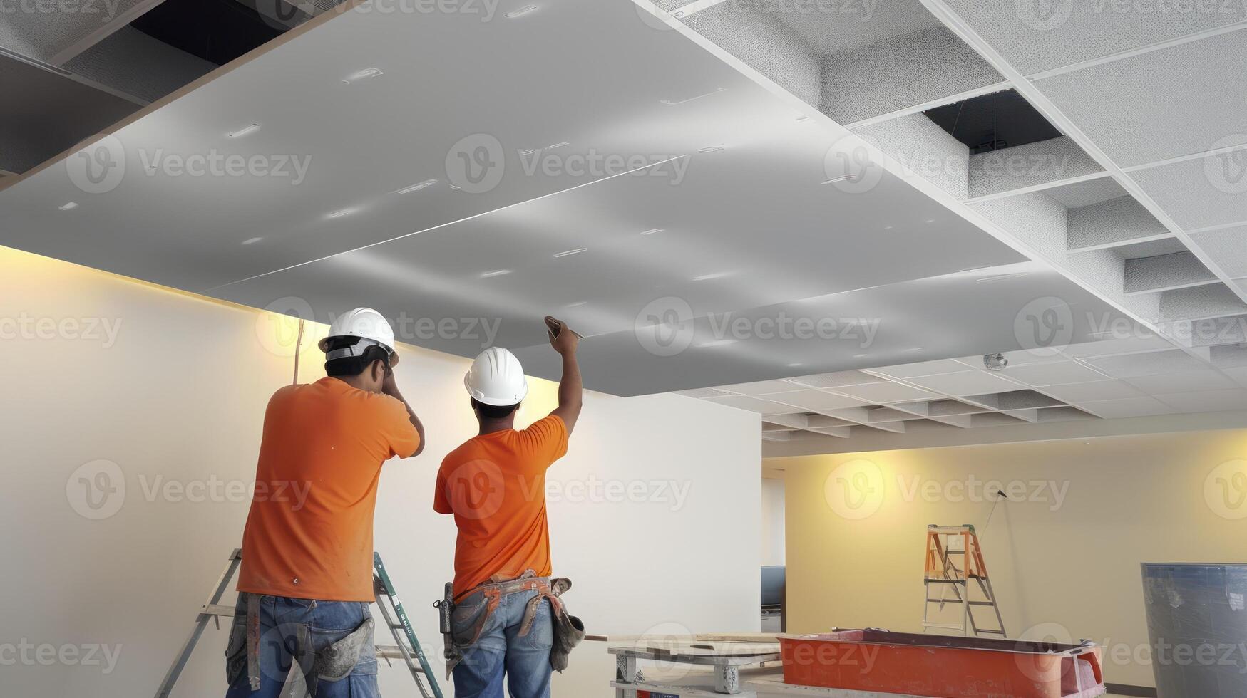 ai gegenereerd een team van deskundige technici installeren akoestisch plafond panelen foto