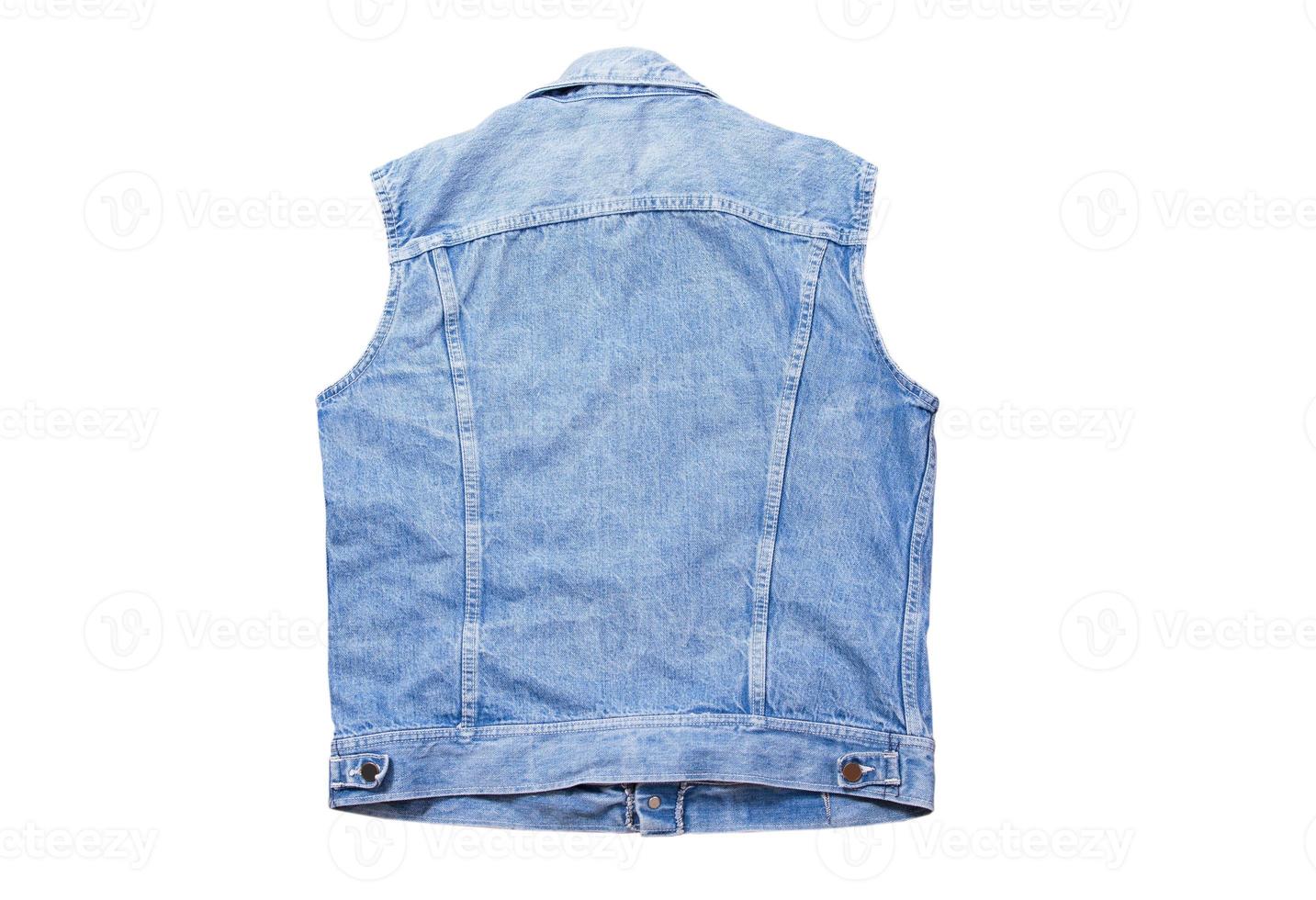 achteraanzicht blauw denim vest op een witte achtergrond, jeans vest geïsoleerd op een witte achtergrond, zomerkleren element foto