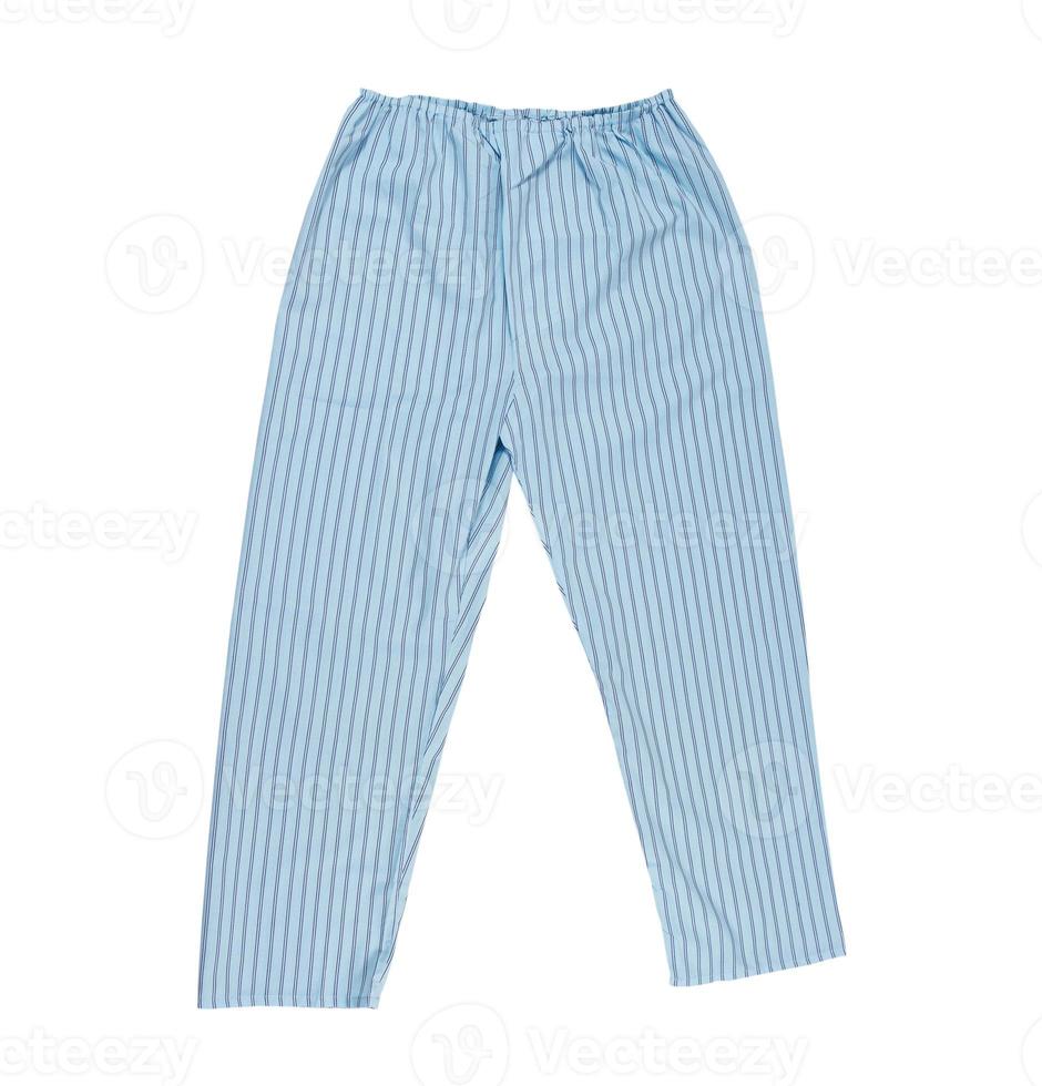slaap broek geïsoleerd. damespyjamabroek van blauwe kleur geïsoleerd op wit, bovenaanzicht. foto
