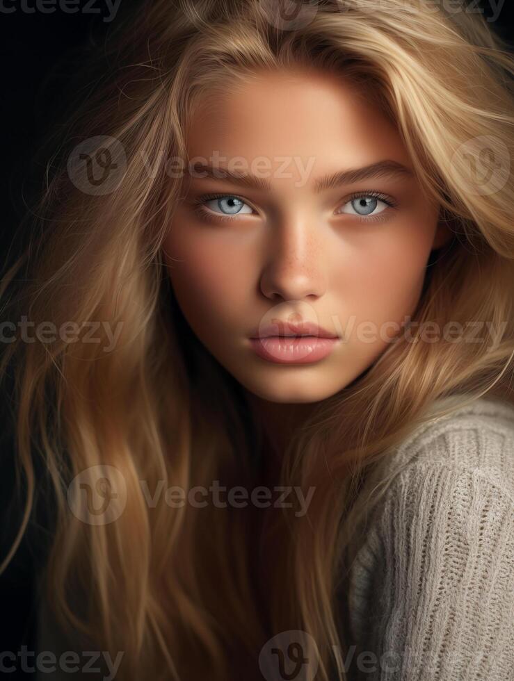 ai gegenereerd mooi jong vrouw met blond haar- en blauw ogen. natuurlijk schoonheid detailopname van een top model- met gloeiend gezond huid foto