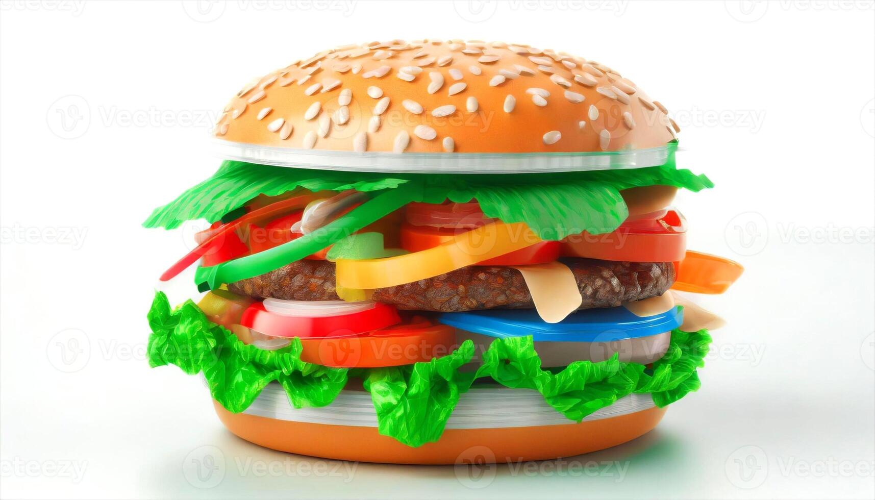 ai gegenereerd hamburger gemaakt van plastic producten foto