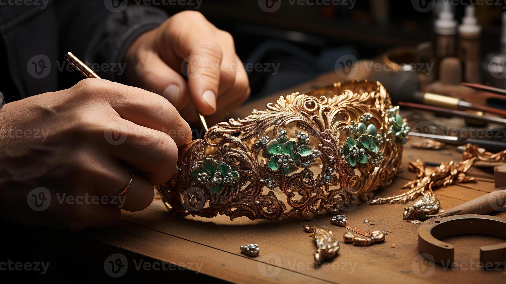 ai gegenereerd concept van sieraden ambachten. detailopname van de meester in de werkwijze van maken handgemaakt goud sieraden. wijnoogst Koninklijk sieraden. foto