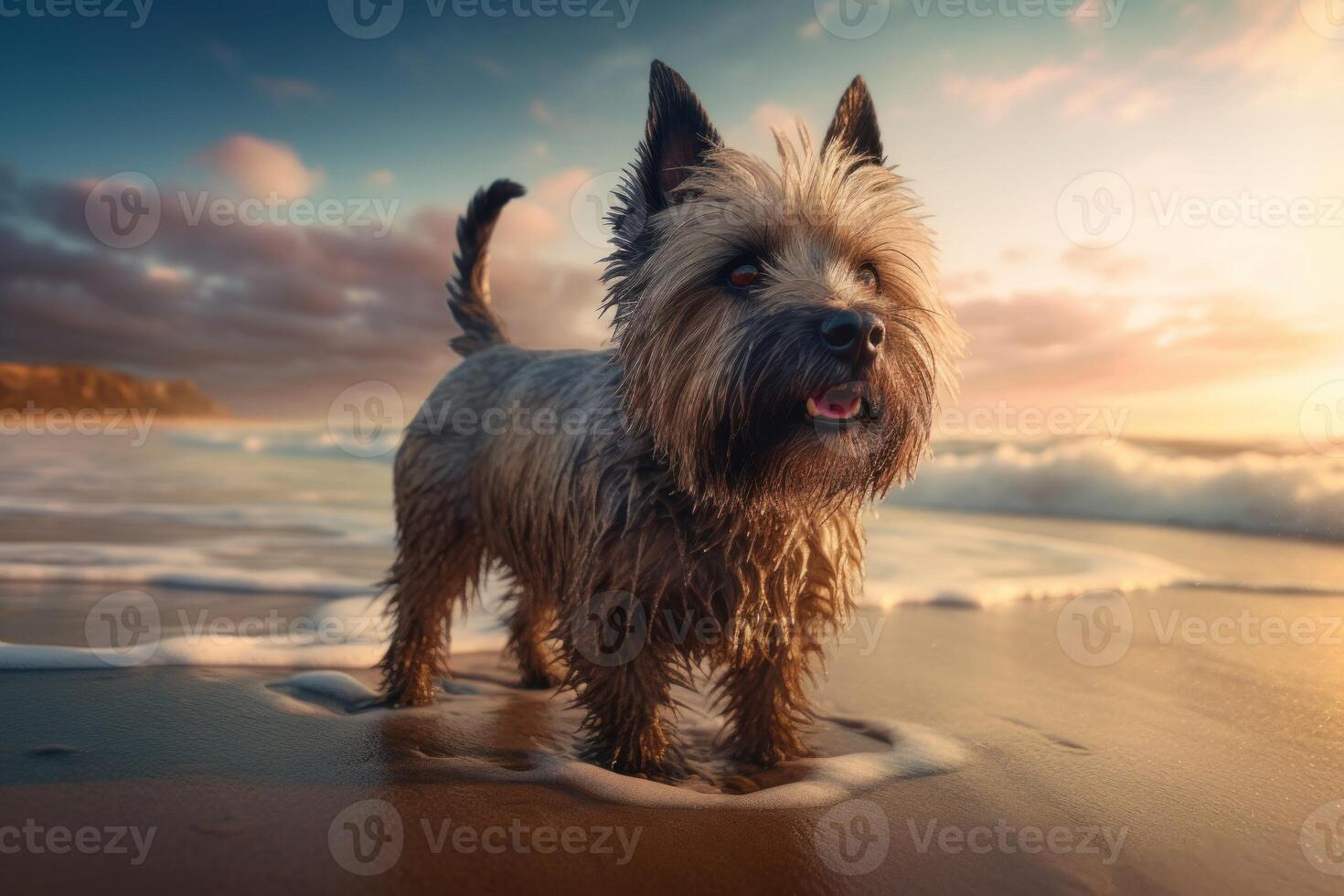 ai gegenereerd speels harig hond Aan sereen zee strand. genereren ai foto