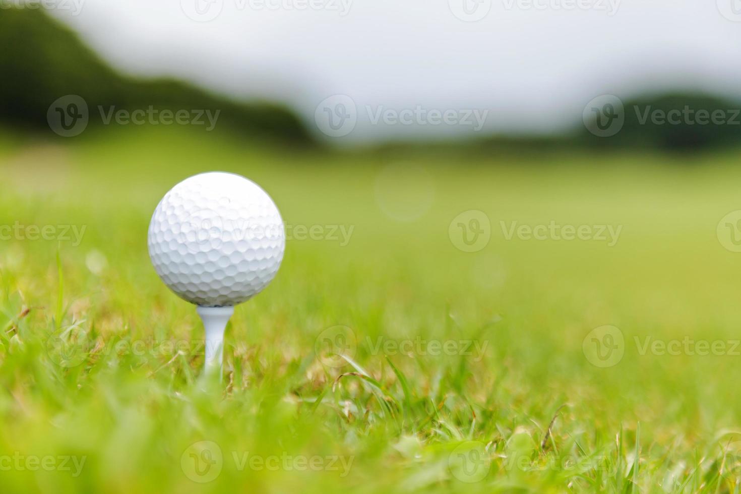 close-up van golfbal op tee op golfbaan foto