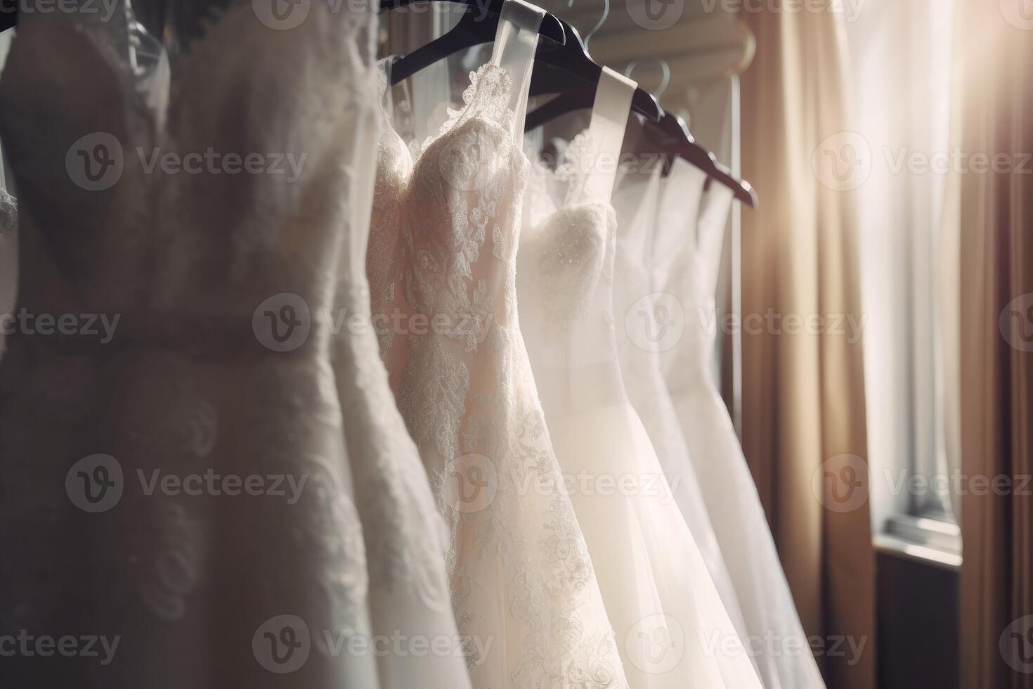 ai gegenereerd elegant bruids jurk Aan hangers elegantie. genereren ai foto