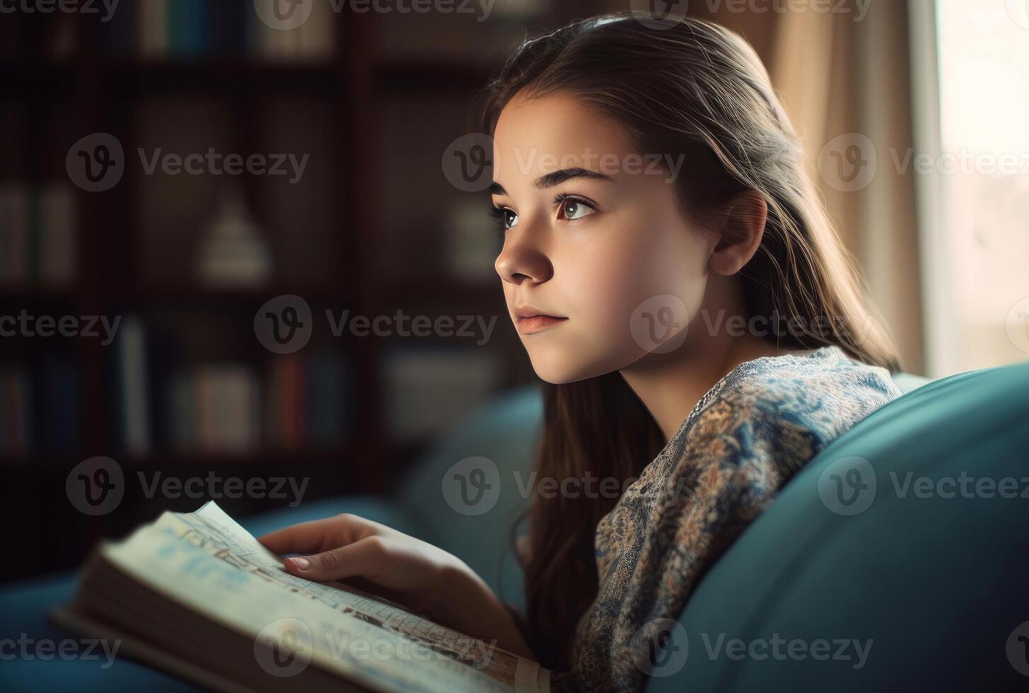 ai gegenereerd mooi tiener- meisje lezing Aan bank. genereren ai foto