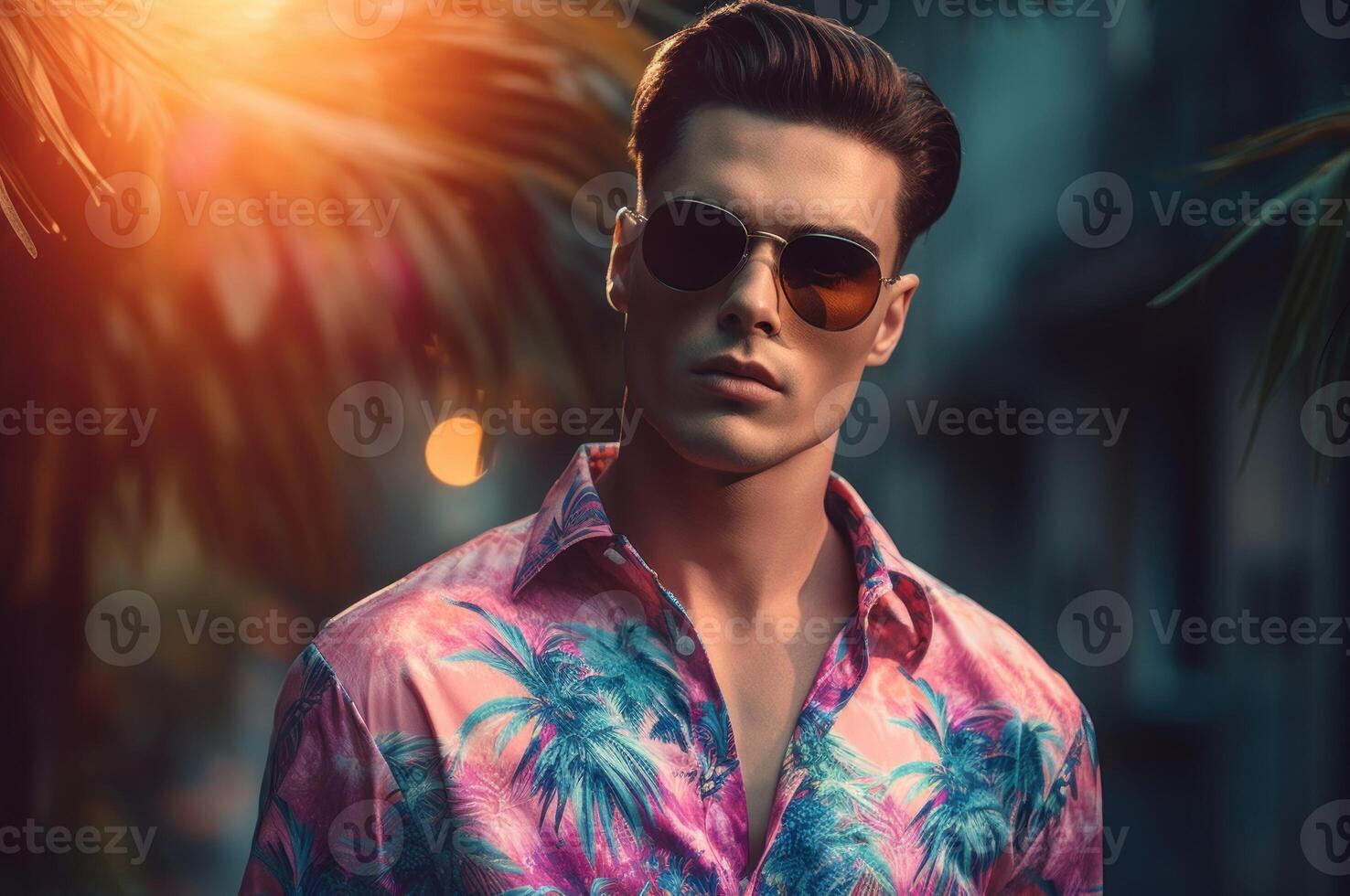 ai gegenereerd mode mannetje model- met zonnebril vervelend kleurrijk shirt. genereren ai foto