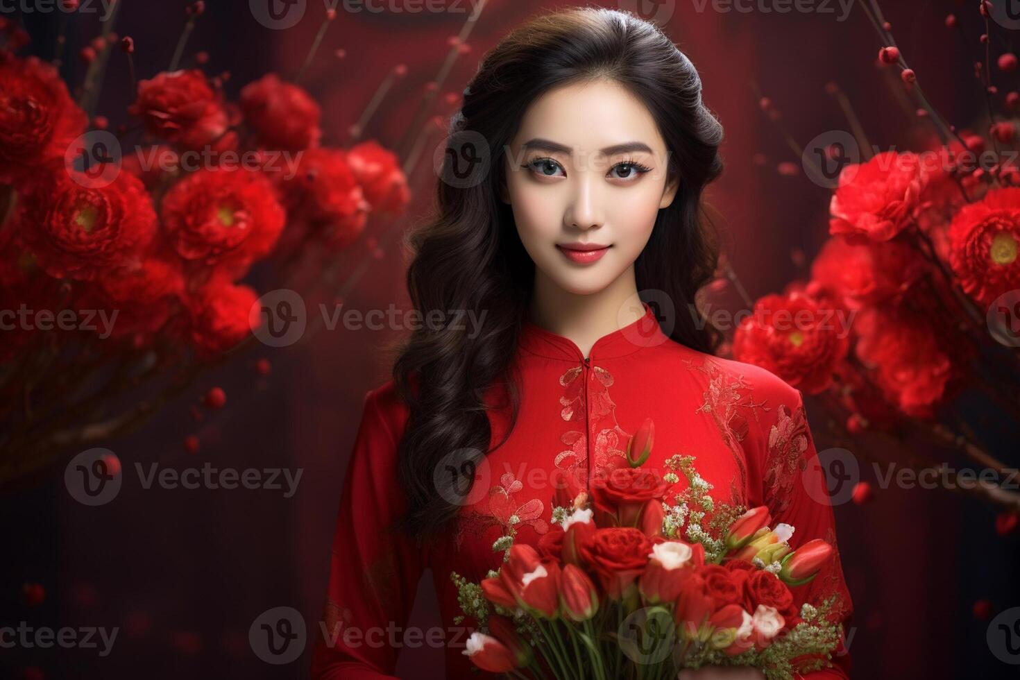 ai gegenereerd mooi Chinese vrouw vervelend rood traditioneel kleren en Holding rood bloemen bokeh stijl achtergrond met generatief ai foto
