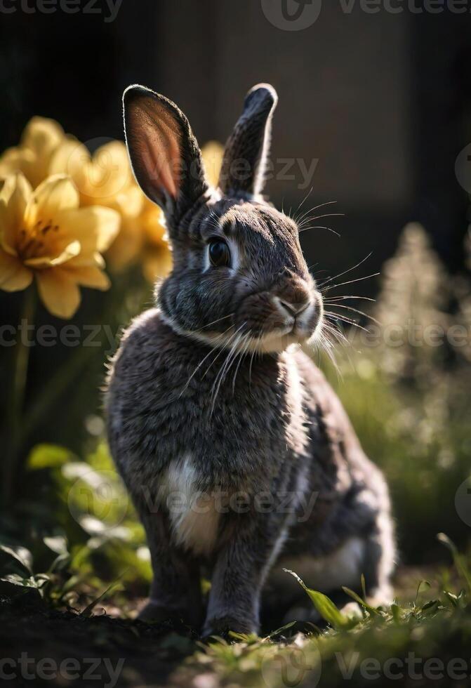 ai gegenereerd een detailopname van een konijn in een veld- met een bloemen. foto