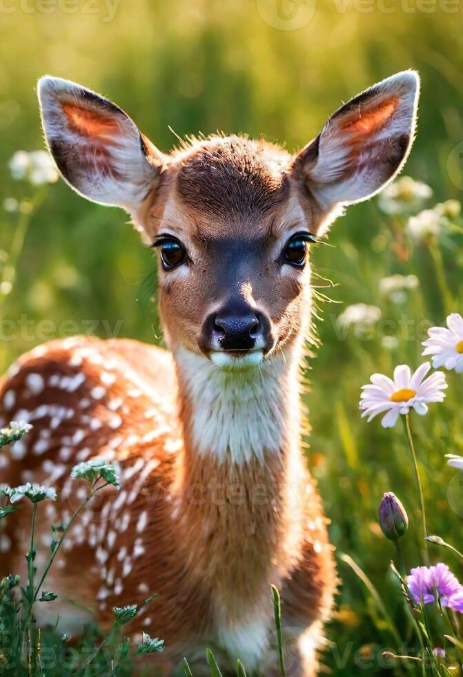 ai gegenereerd detailopname portret van een hert in natuur met bloeiend planten foto