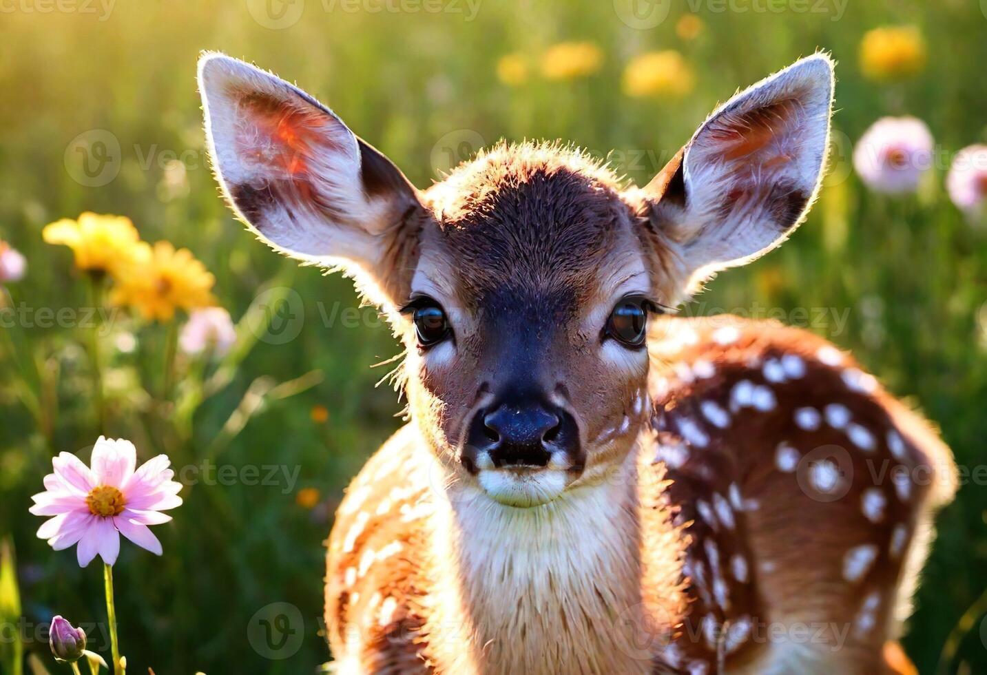 ai gegenereerd detailopname portret van een hert in natuur met bloeiend planten foto