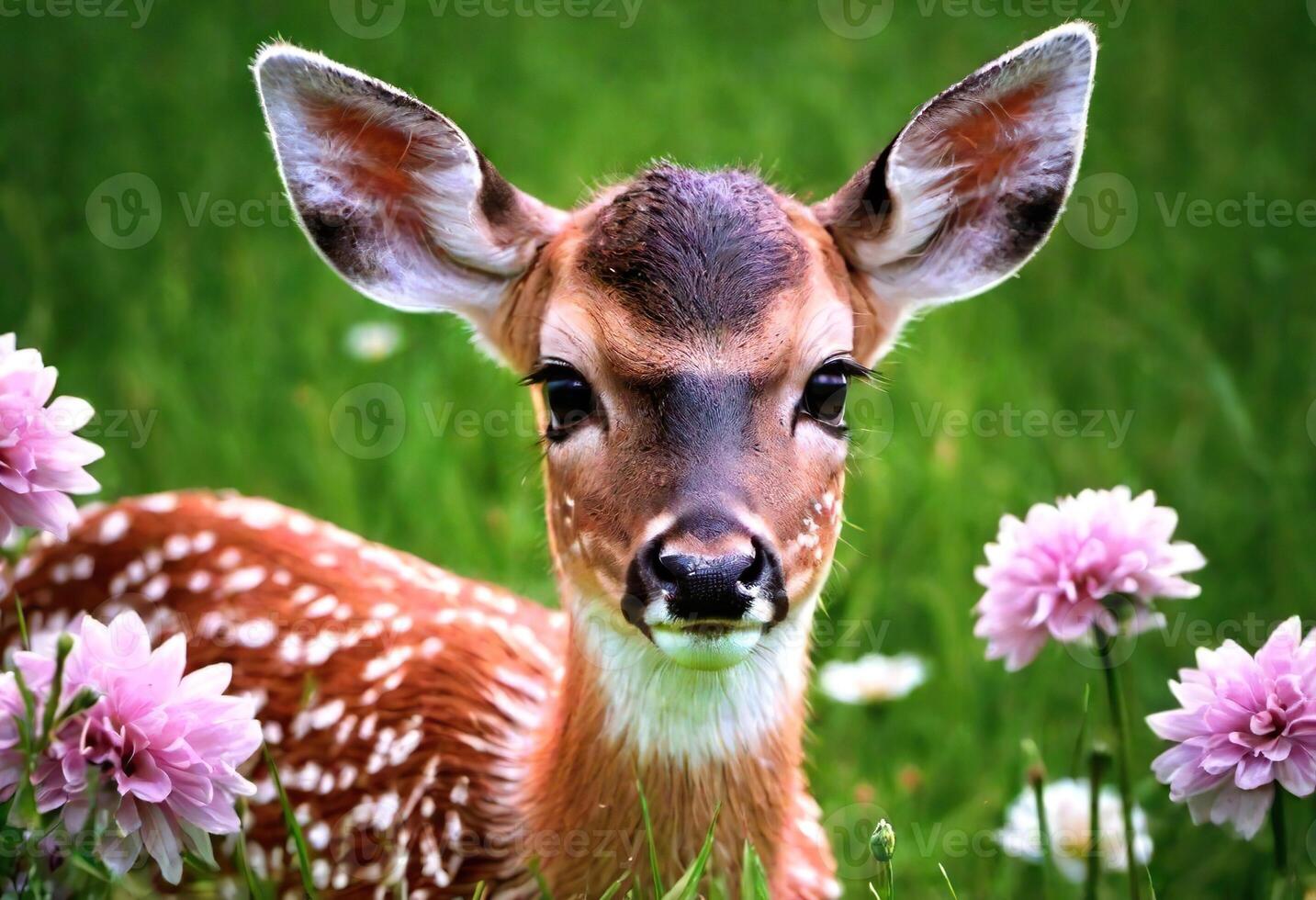 ai gegenereerd detailopname portret van een hert in natuur met bloeiend planten foto