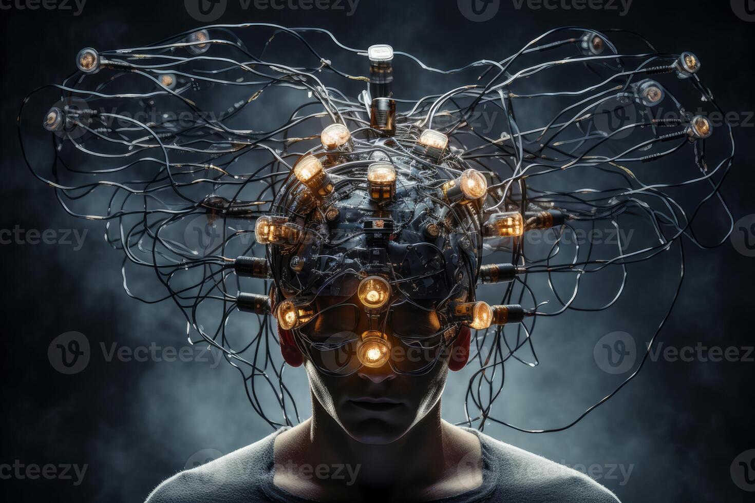 ai gegenereerd futuristische mannetje hoofd met hersenen elektroden. genereren ai foto