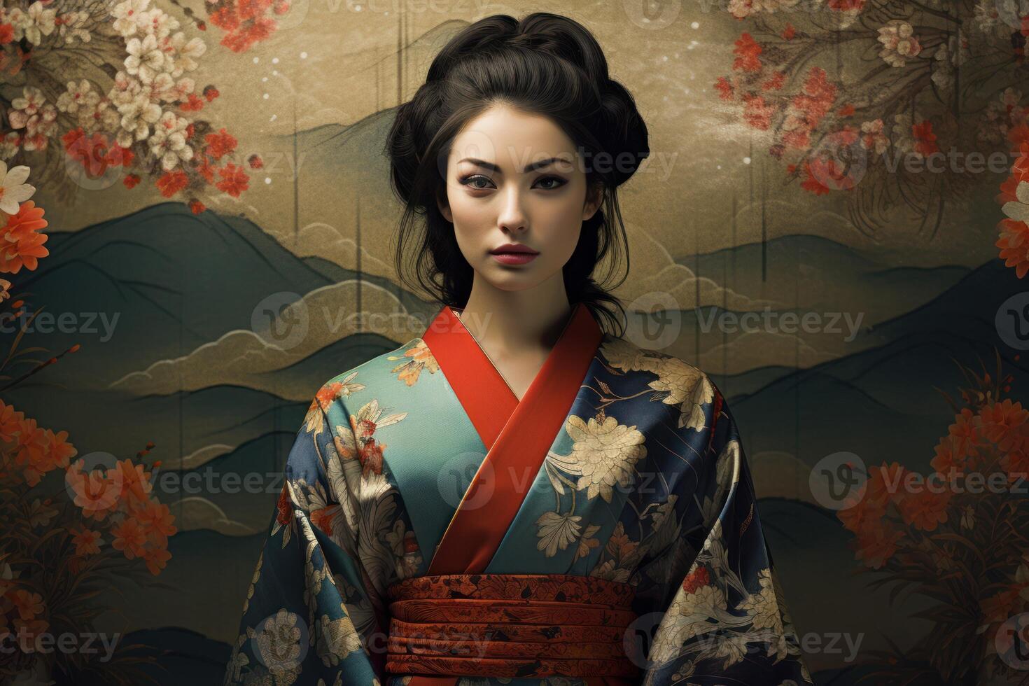 ai gegenereerd weelderig Japans vrouw kimono tuin. genereren ai foto